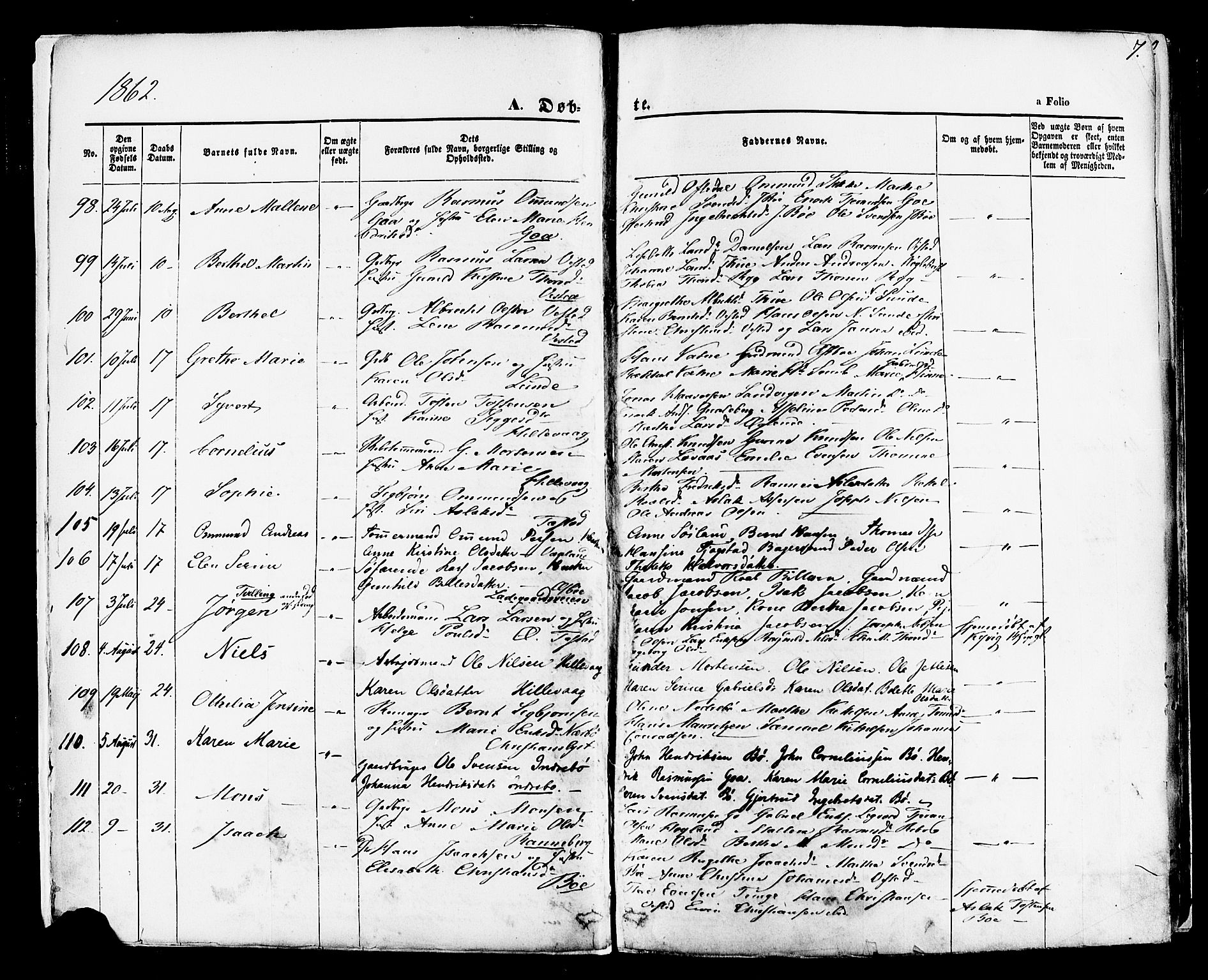 Hetland sokneprestkontor, AV/SAST-A-101826/30/30BA/L0003: Parish register (official) no. A 3, 1862-1876, p. 7