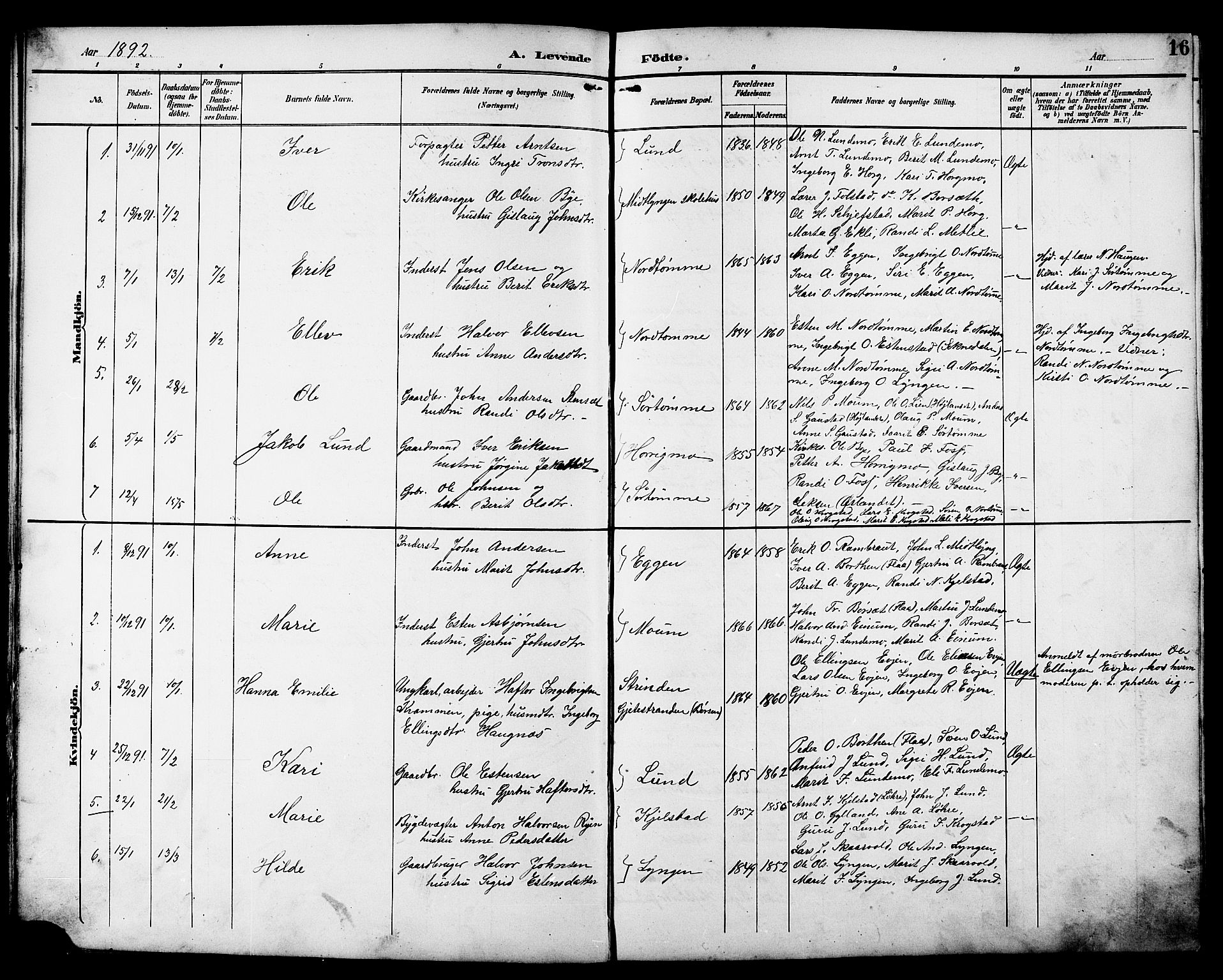 Ministerialprotokoller, klokkerbøker og fødselsregistre - Sør-Trøndelag, SAT/A-1456/692/L1111: Parish register (copy) no. 692C06, 1890-1904, p. 16