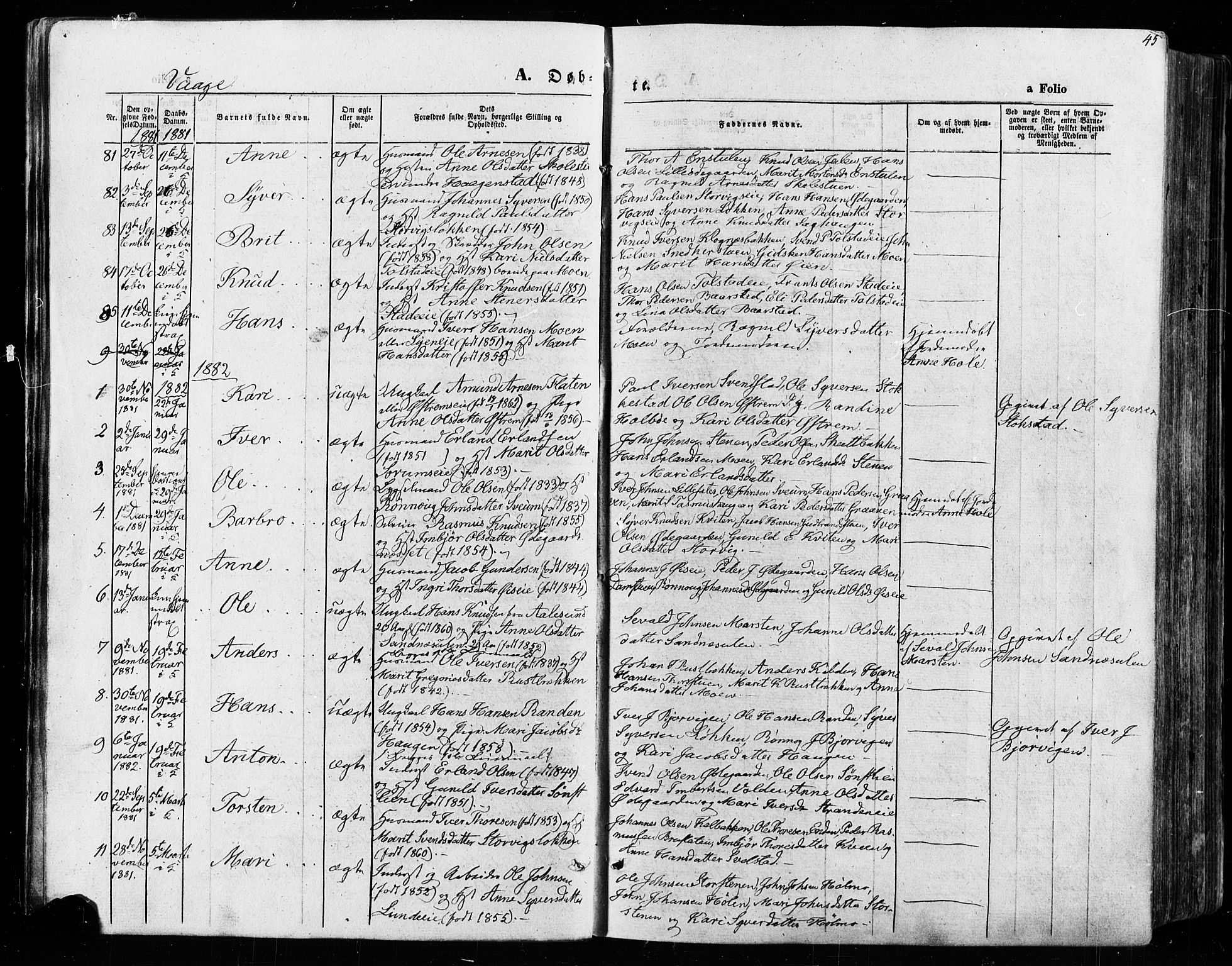 Vågå prestekontor, AV/SAH-PREST-076/H/Ha/Haa/L0007: Parish register (official) no. 7 /1, 1872-1886, p. 45