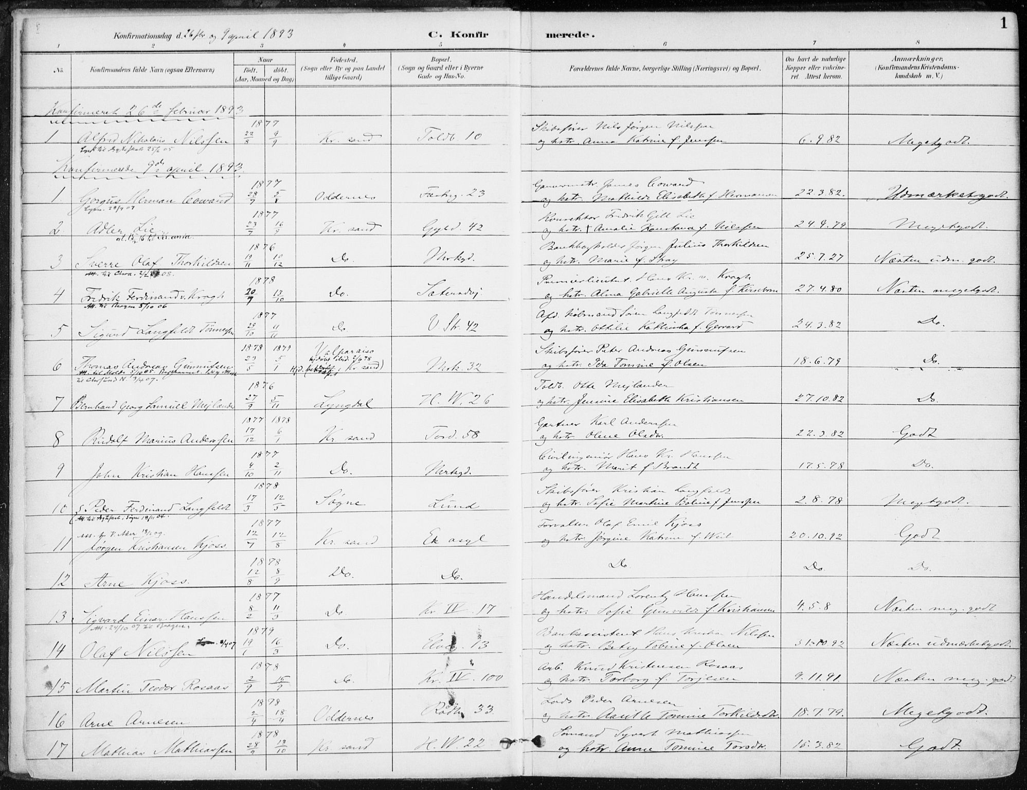 Kristiansand domprosti, AV/SAK-1112-0006/F/Fa/L0020: Parish register (official) no. A 19, 1893-1904, p. 1