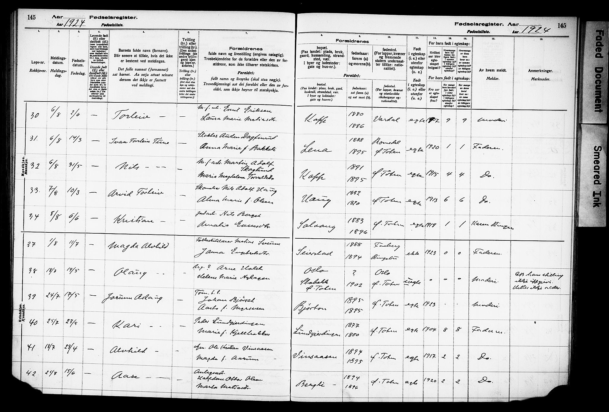 Østre Toten prestekontor, AV/SAH-PREST-104/I/Id/L0001/0001: Birth register no. 1.1, 1916-1928, p. 145