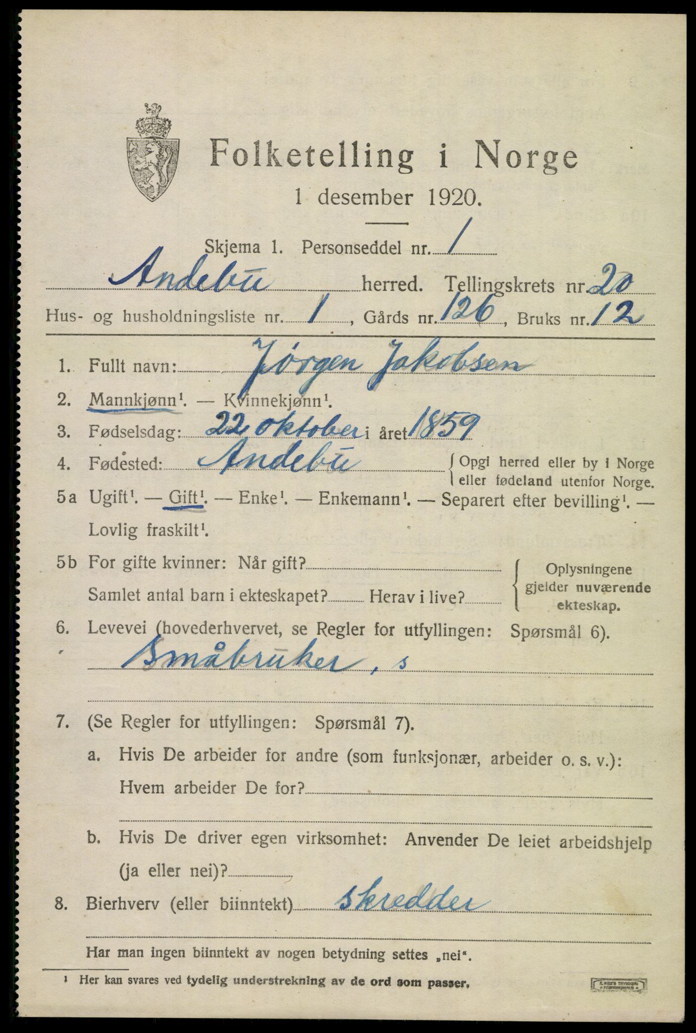 SAKO, 1920 census for Andebu, 1920, p. 6626