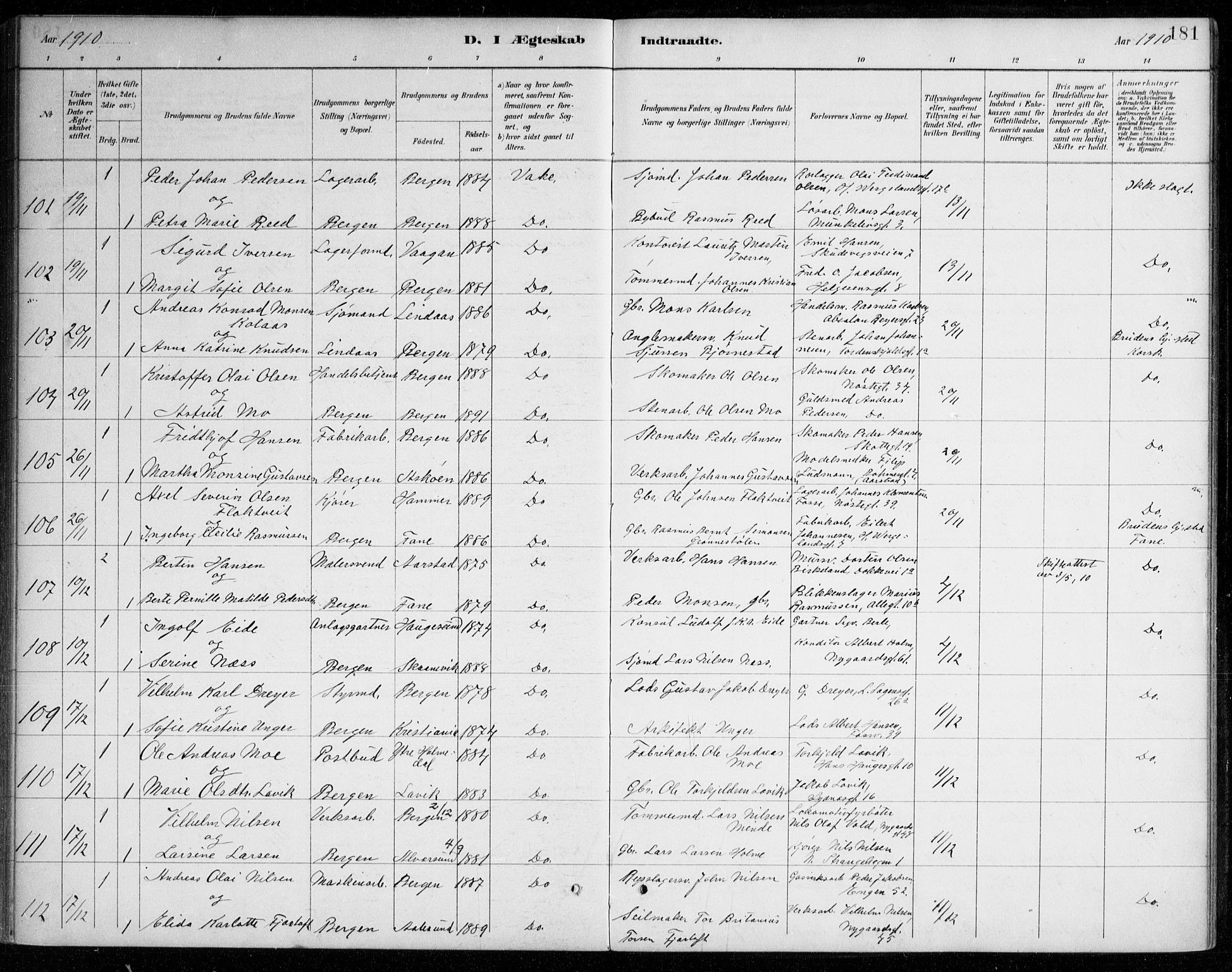 Johanneskirken sokneprestembete, SAB/A-76001/H/Haa/L0012: Parish register (official) no. D 1, 1885-1912, p. 181