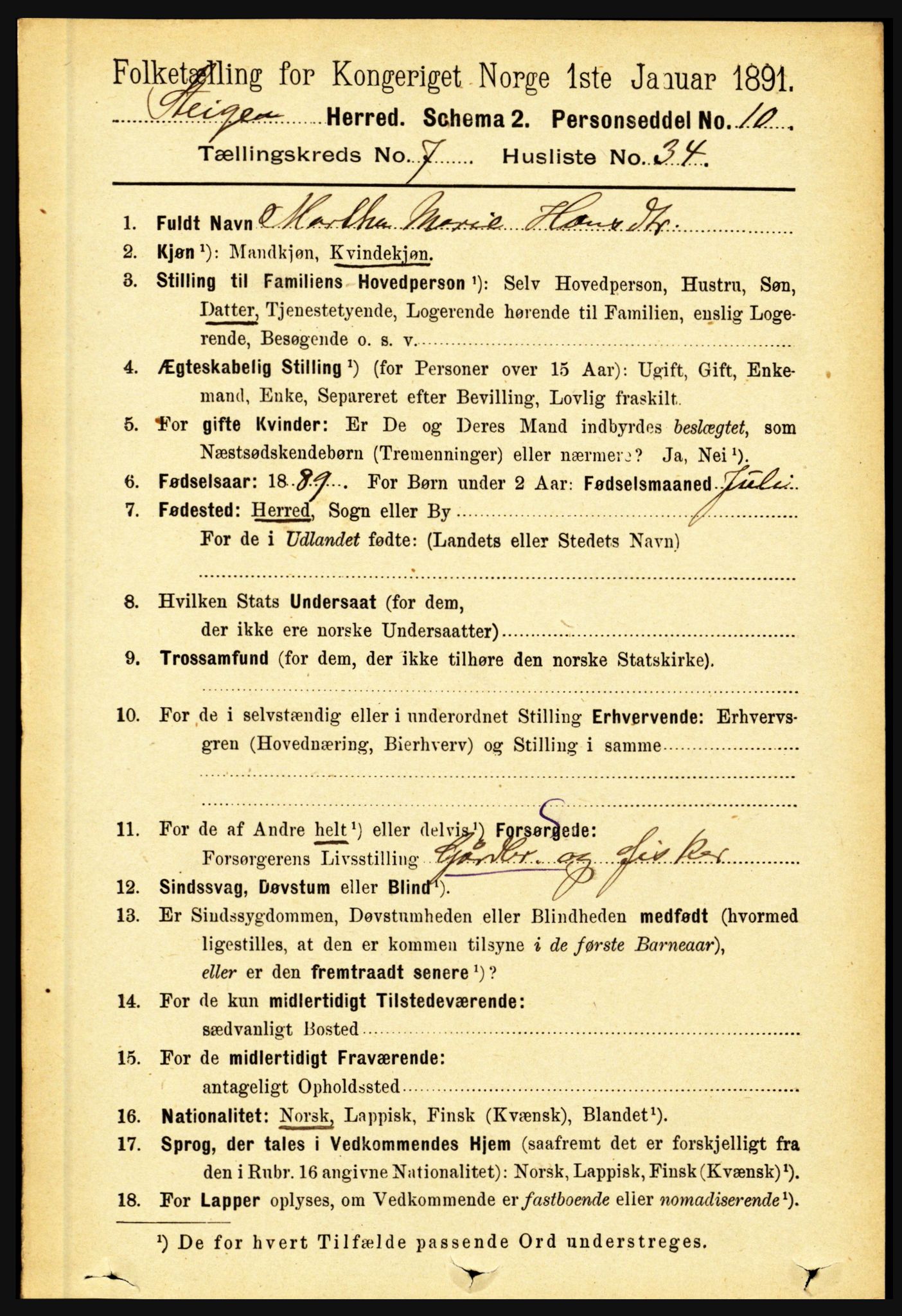 RA, 1891 census for 1848 Steigen, 1891, p. 2451