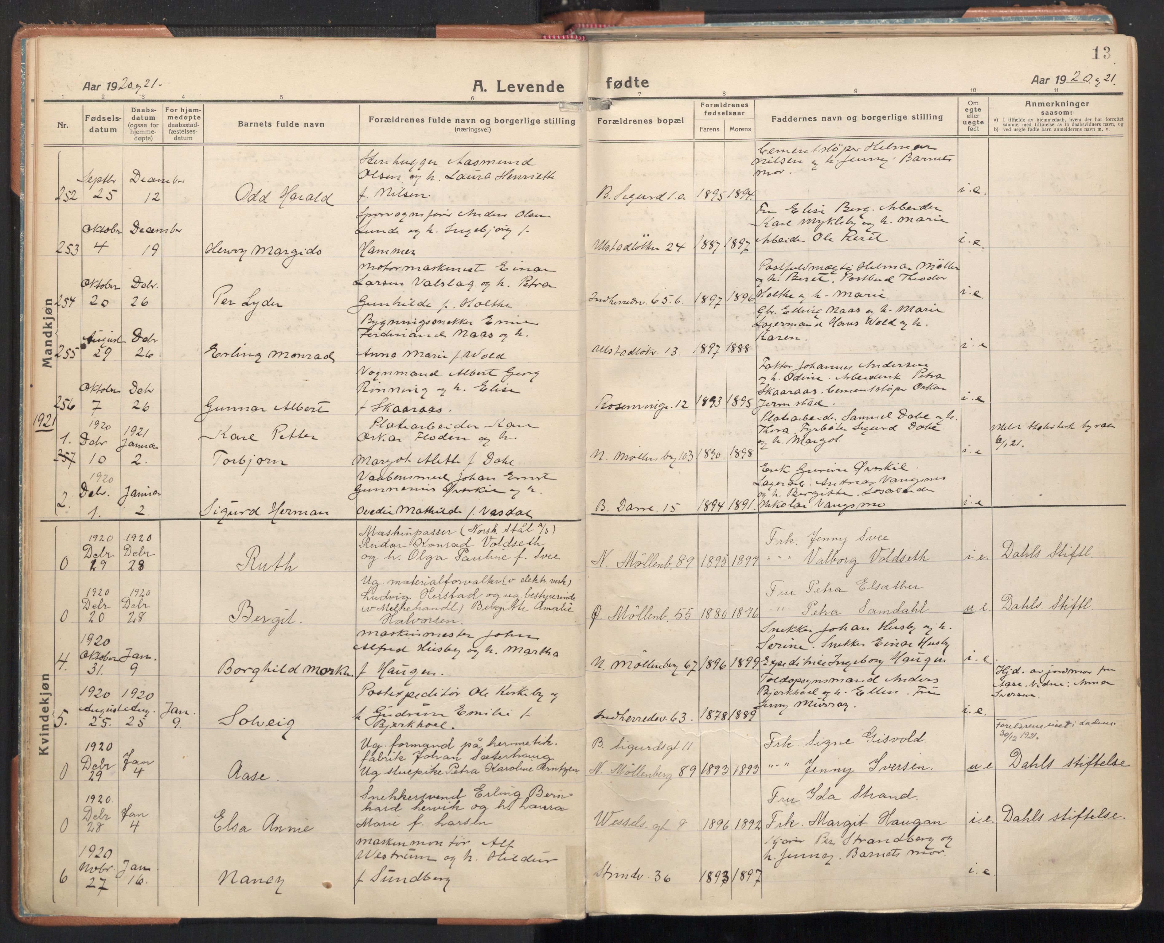 Ministerialprotokoller, klokkerbøker og fødselsregistre - Sør-Trøndelag, SAT/A-1456/605/L0248: Parish register (official) no. 605A10, 1920-1937, p. 13
