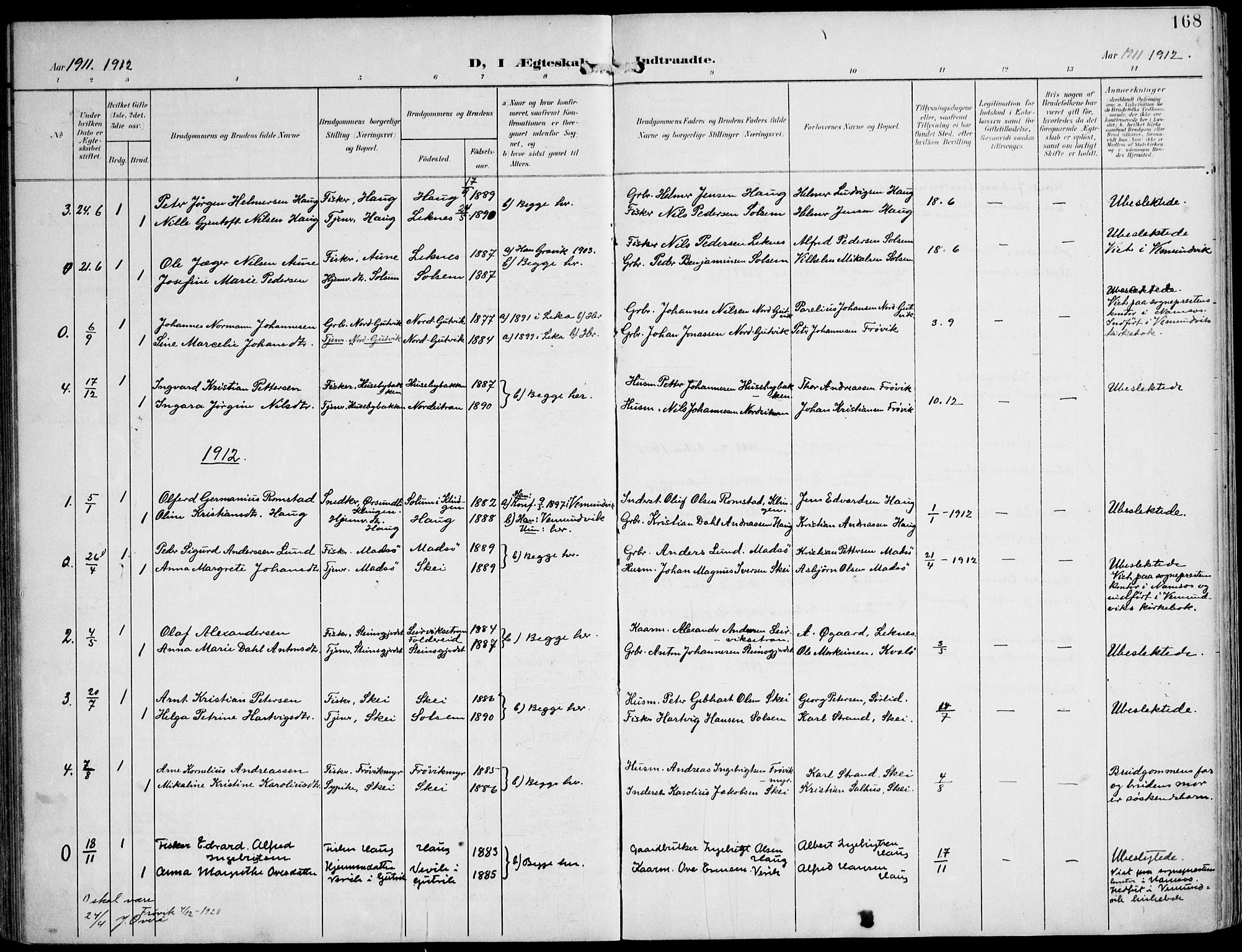 Ministerialprotokoller, klokkerbøker og fødselsregistre - Nord-Trøndelag, AV/SAT-A-1458/788/L0698: Parish register (official) no. 788A05, 1902-1921, p. 168