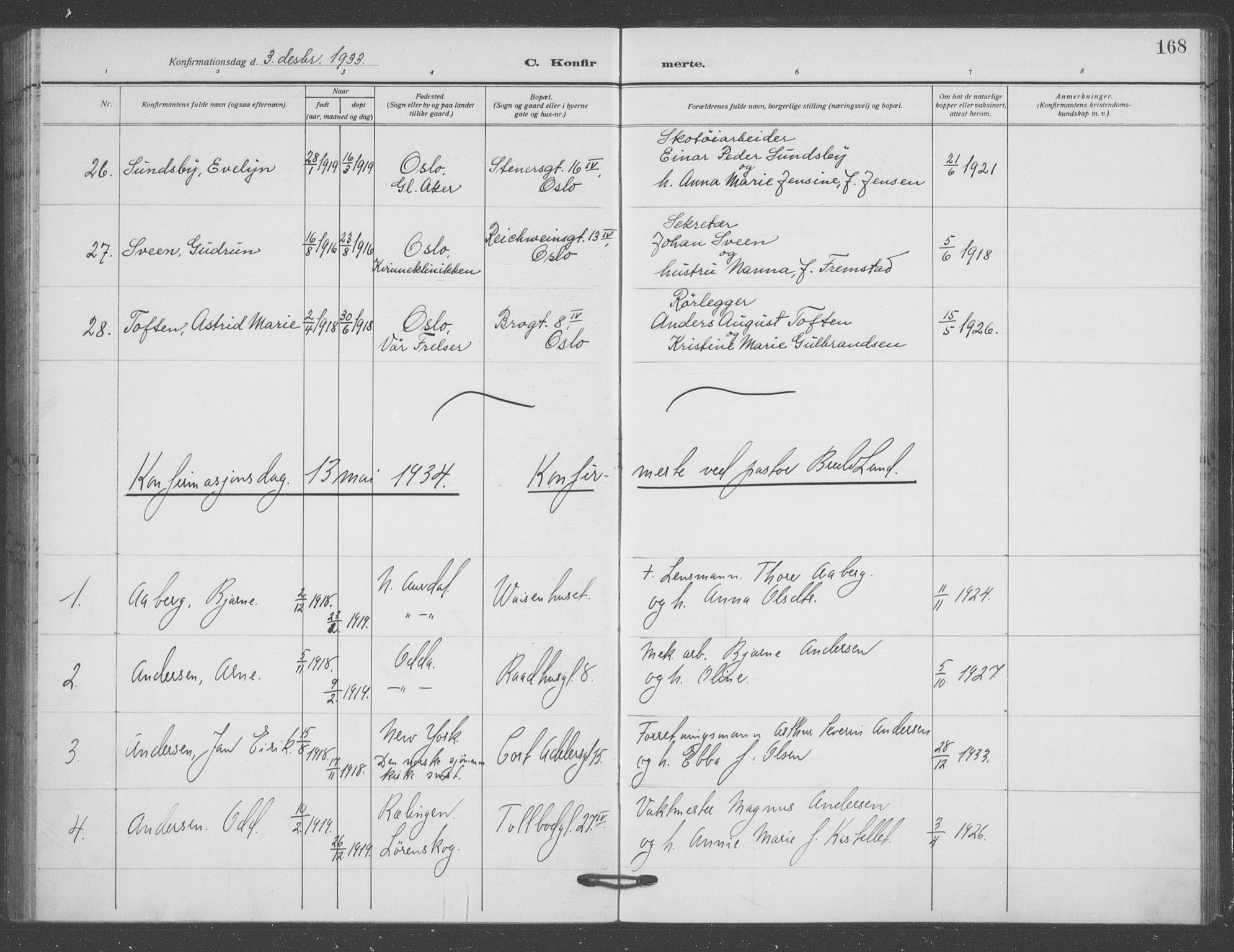 Oslo domkirke Kirkebøker, AV/SAO-A-10752/F/Fa/L0031: Parish register (official) no. 31, 1918-1941, p. 168