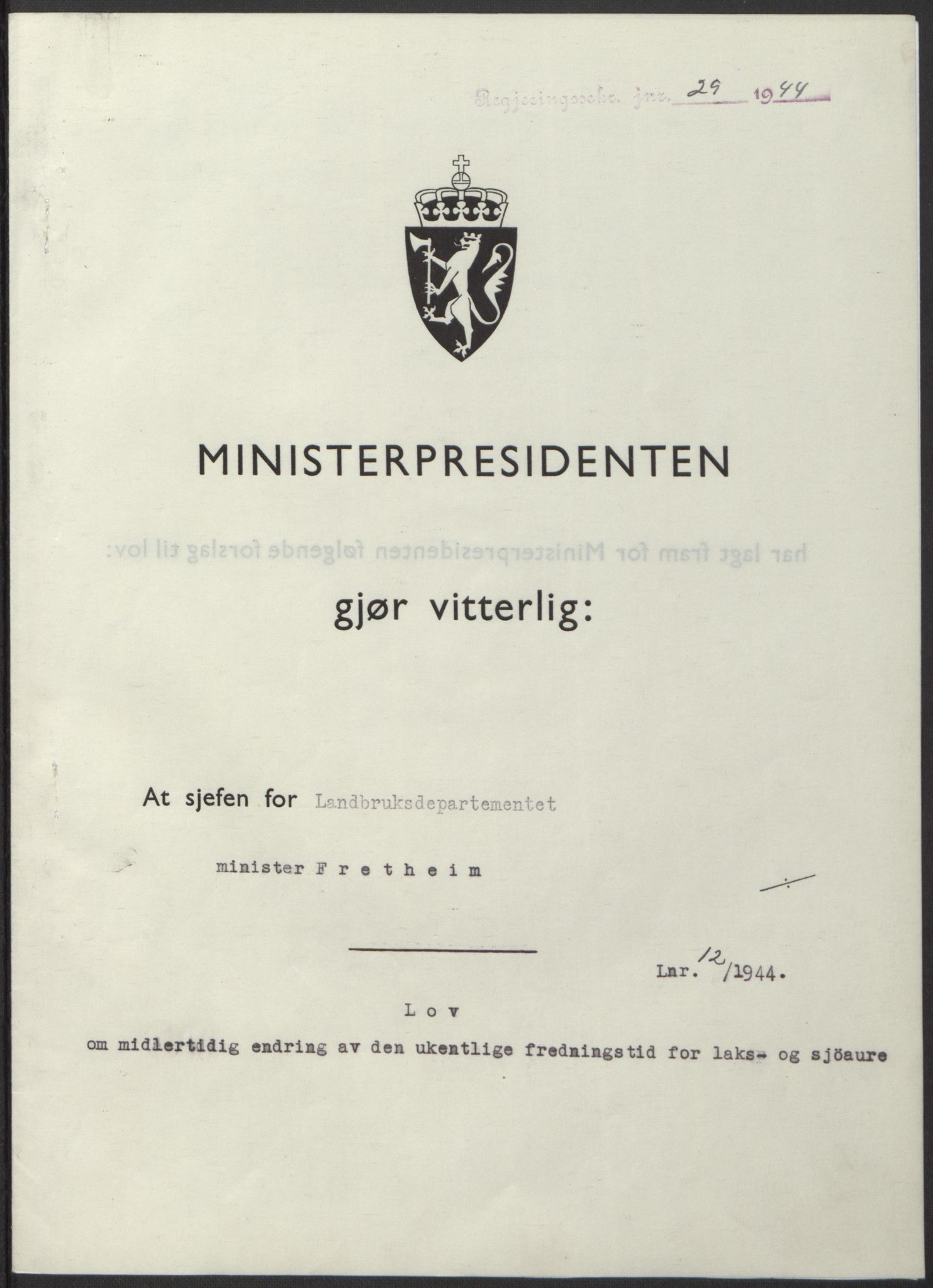 NS-administrasjonen 1940-1945 (Statsrådsekretariatet, de kommisariske statsråder mm), RA/S-4279/D/Db/L0100: Lover, 1944, p. 52