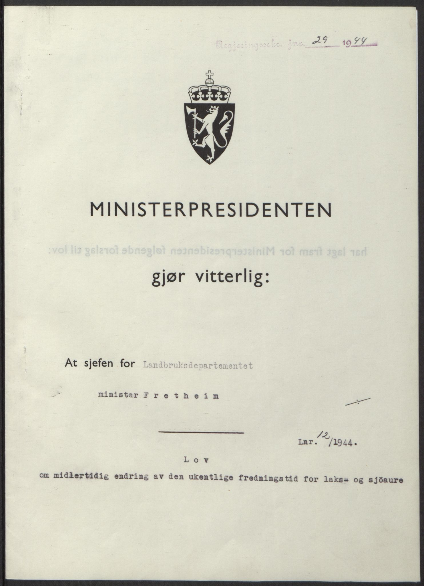 NS-administrasjonen 1940-1945 (Statsrådsekretariatet, de kommisariske statsråder mm), AV/RA-S-4279/D/Db/L0100: Lover, 1944, p. 52