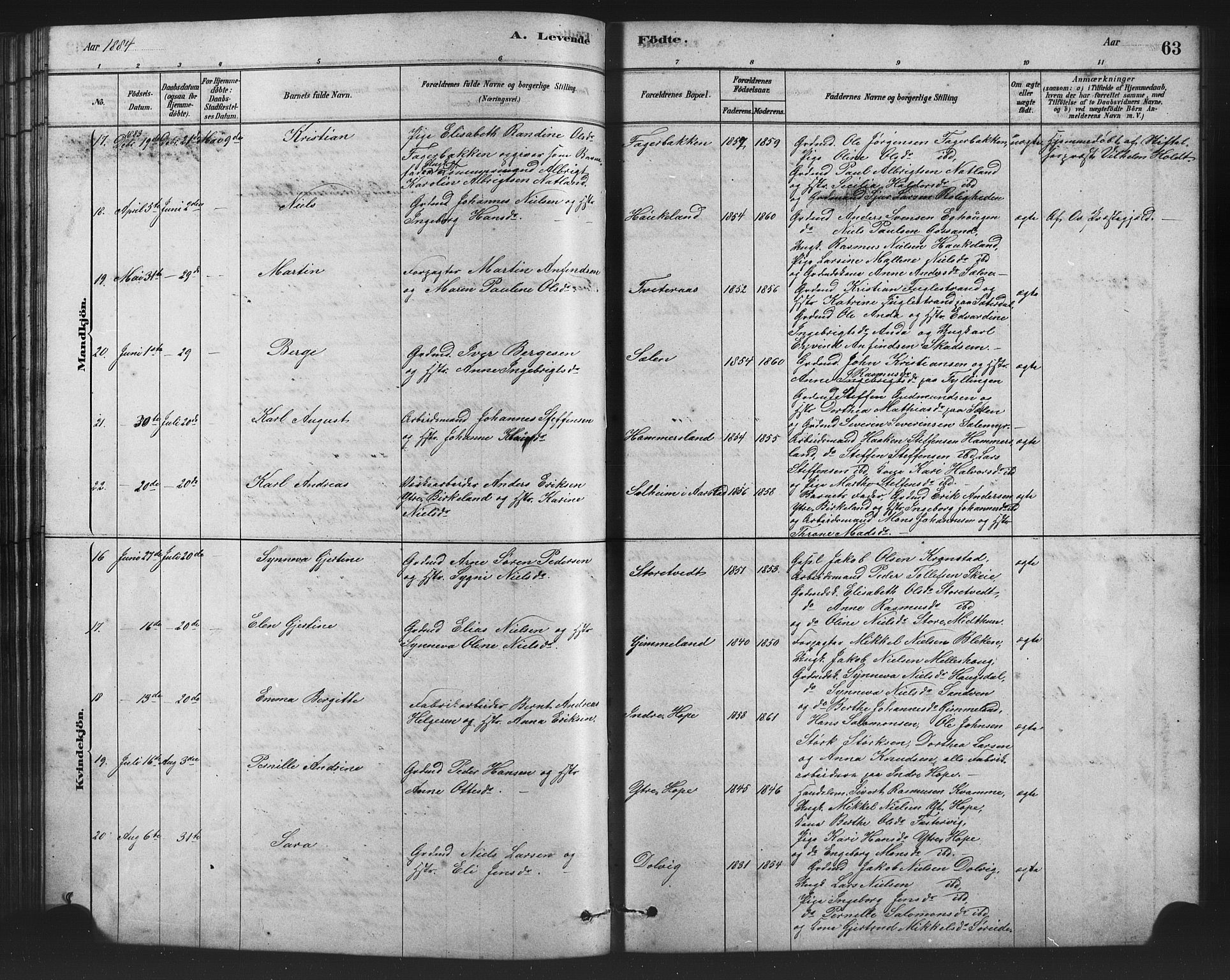 Birkeland Sokneprestembete, AV/SAB-A-74601/H/Hab: Parish register (copy) no. A 3, 1877-1887, p. 63