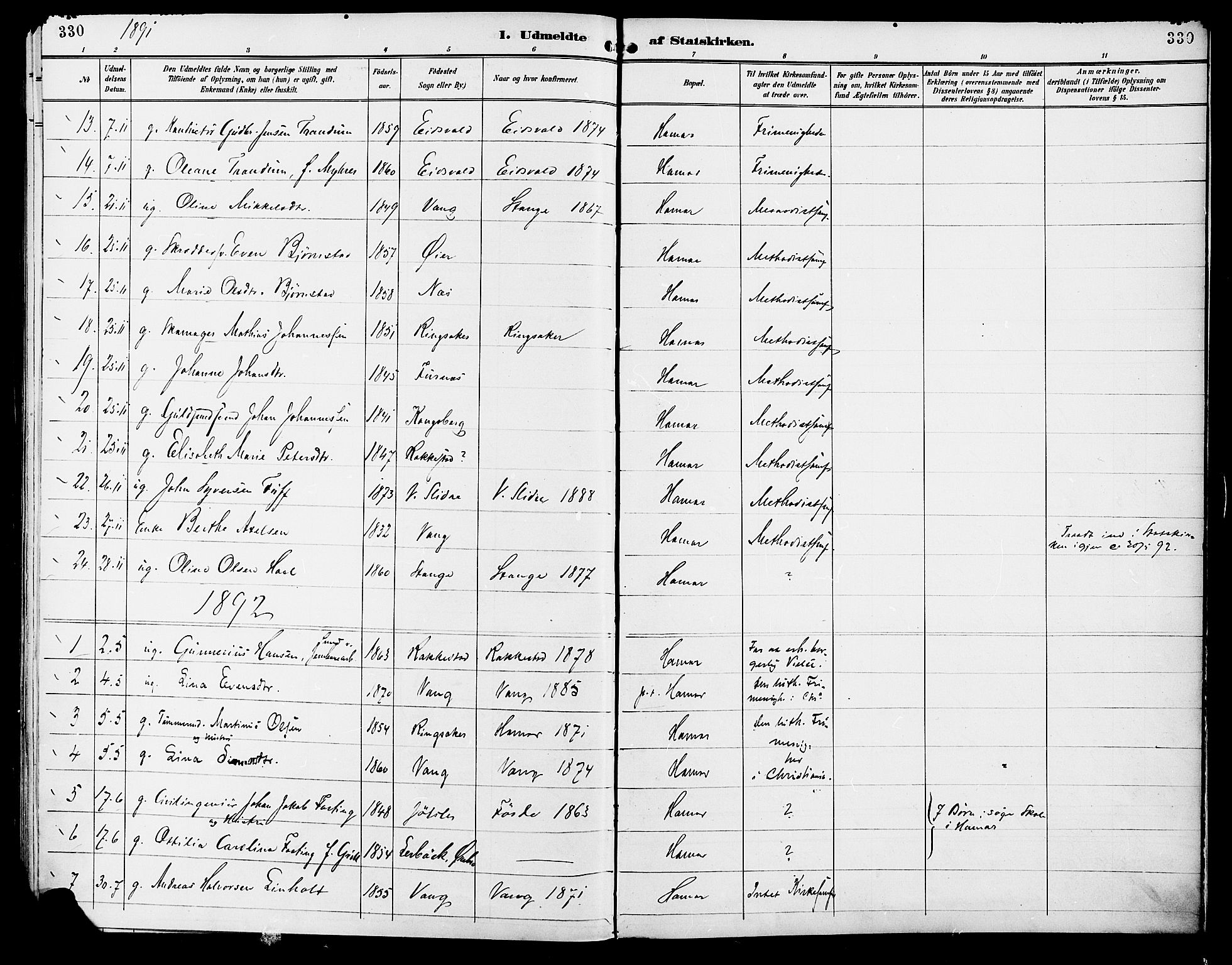 Vang prestekontor, Hedmark, SAH/PREST-008/H/Ha/Haa/L0017: Parish register (official) no. 17, 1890-1899, p. 330