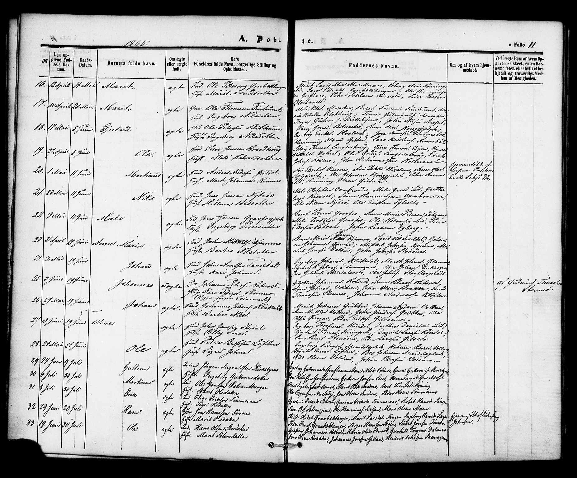 Ministerialprotokoller, klokkerbøker og fødselsregistre - Nord-Trøndelag, AV/SAT-A-1458/706/L0041: Parish register (official) no. 706A02, 1862-1877, p. 11