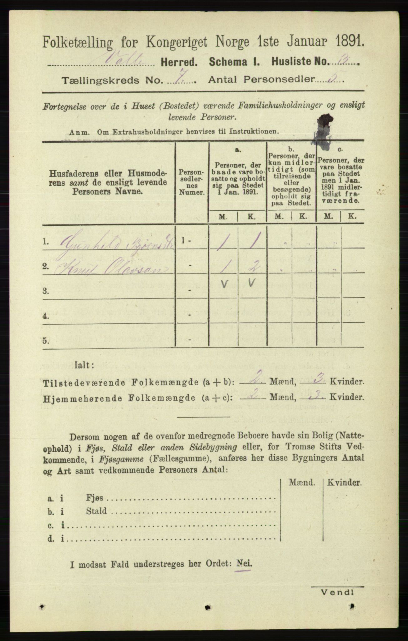 RA, 1891 census for 0940 Valle, 1891, p. 1926