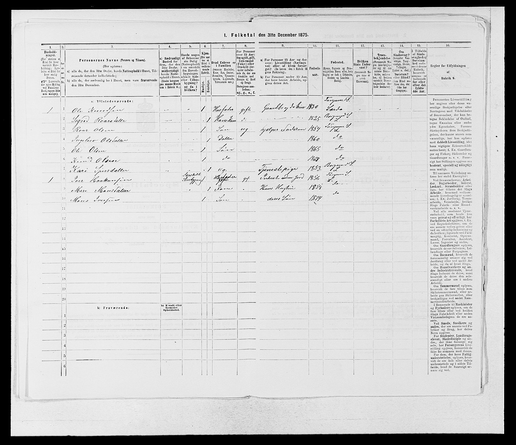 SAB, 1875 census for 1422P Lærdal, 1875, p. 750