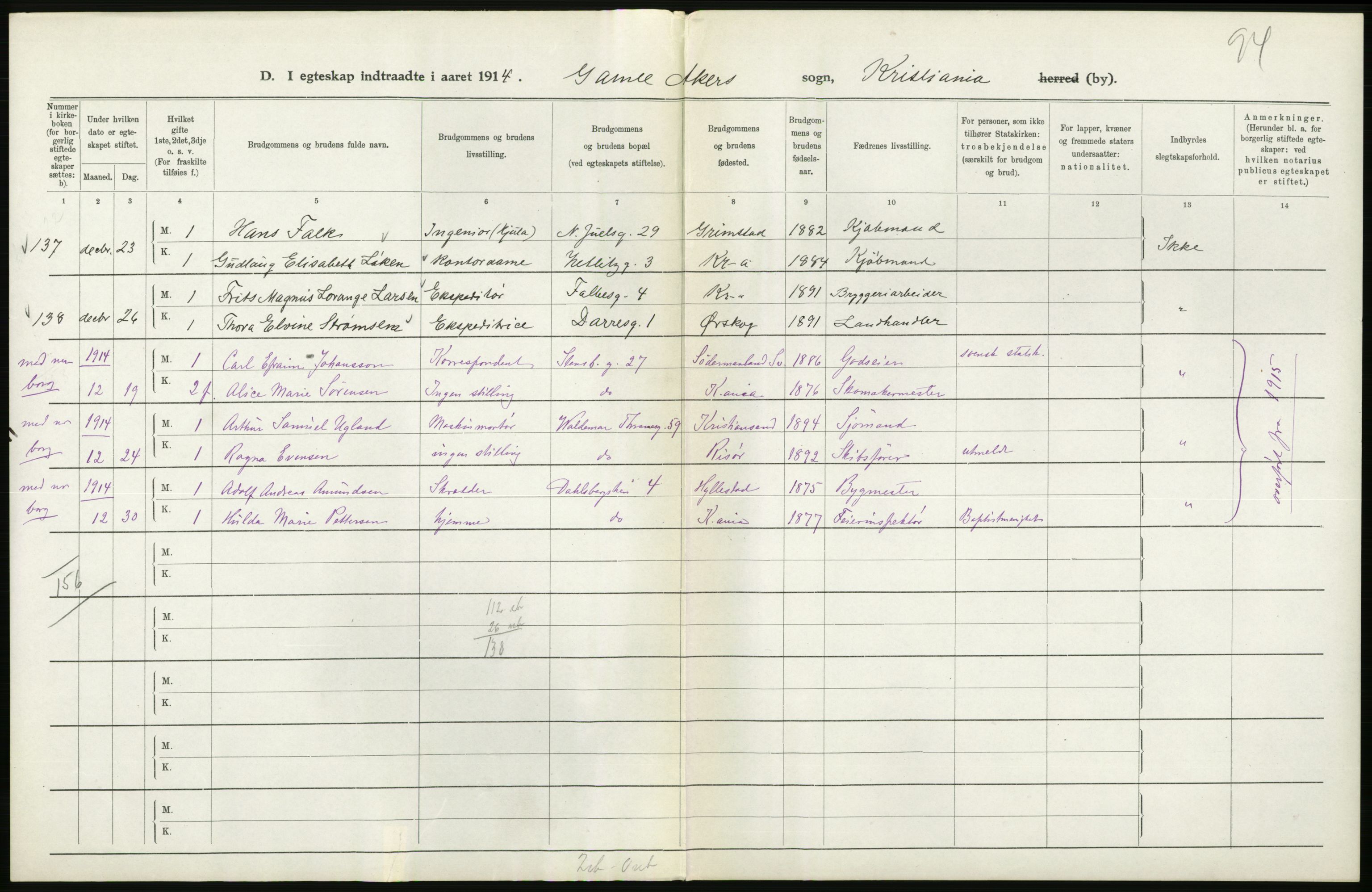 Statistisk sentralbyrå, Sosiodemografiske emner, Befolkning, AV/RA-S-2228/D/Df/Dfb/Dfbd/L0007: Kristiania: Gifte, 1914, p. 334