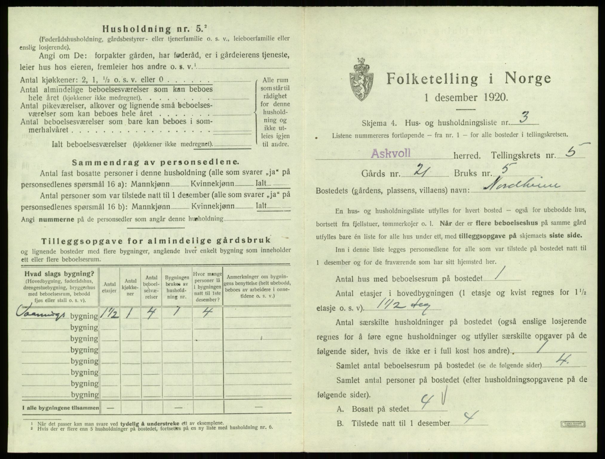 SAB, 1920 census for Askvoll, 1920, p. 271