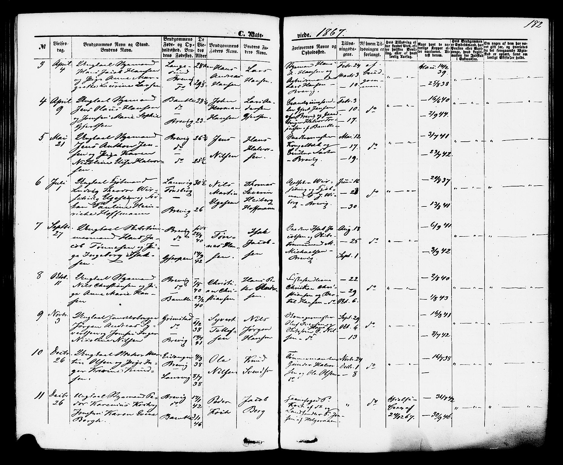 Brevik kirkebøker, AV/SAKO-A-255/F/Fa/L0006: Parish register (official) no. 6, 1866-1881, p. 182