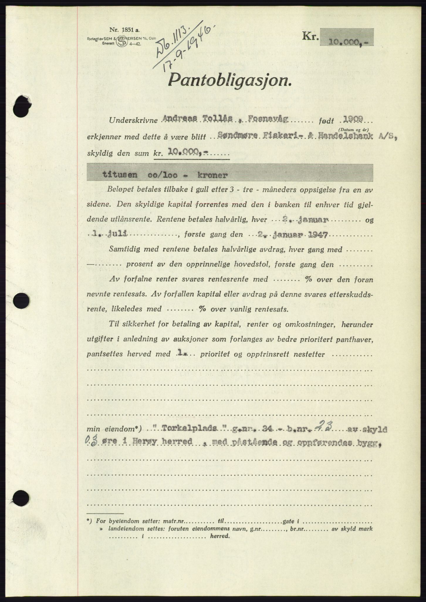 Søre Sunnmøre sorenskriveri, AV/SAT-A-4122/1/2/2C/L0114: Mortgage book no. 1-2B, 1943-1947, Diary no: : 1113/1946