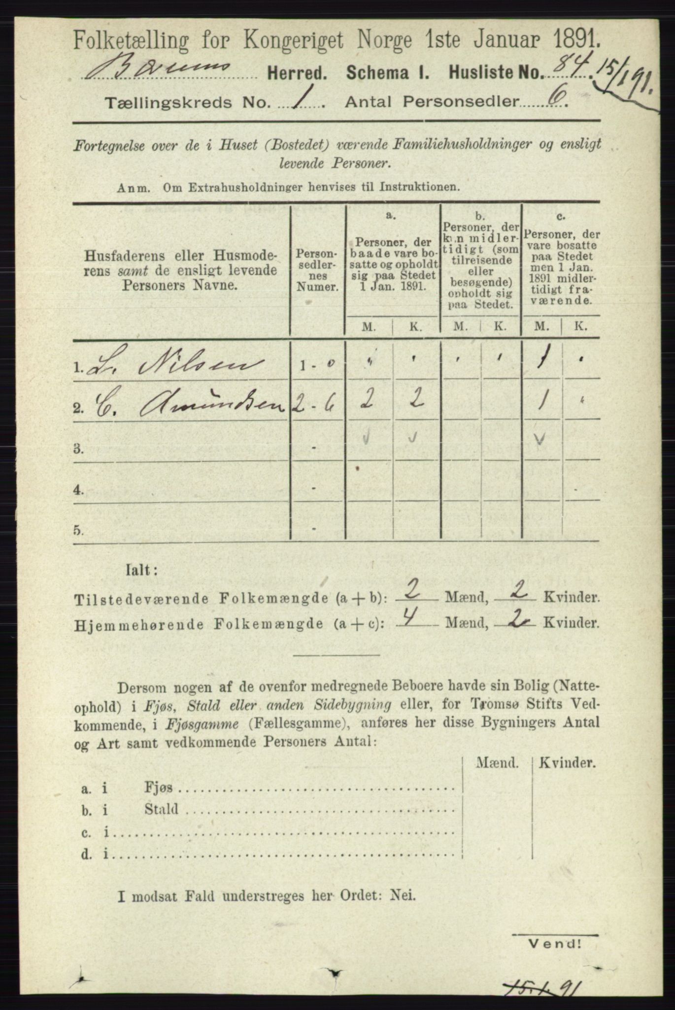 RA, 1891 census for 0219 Bærum, 1891, p. 136