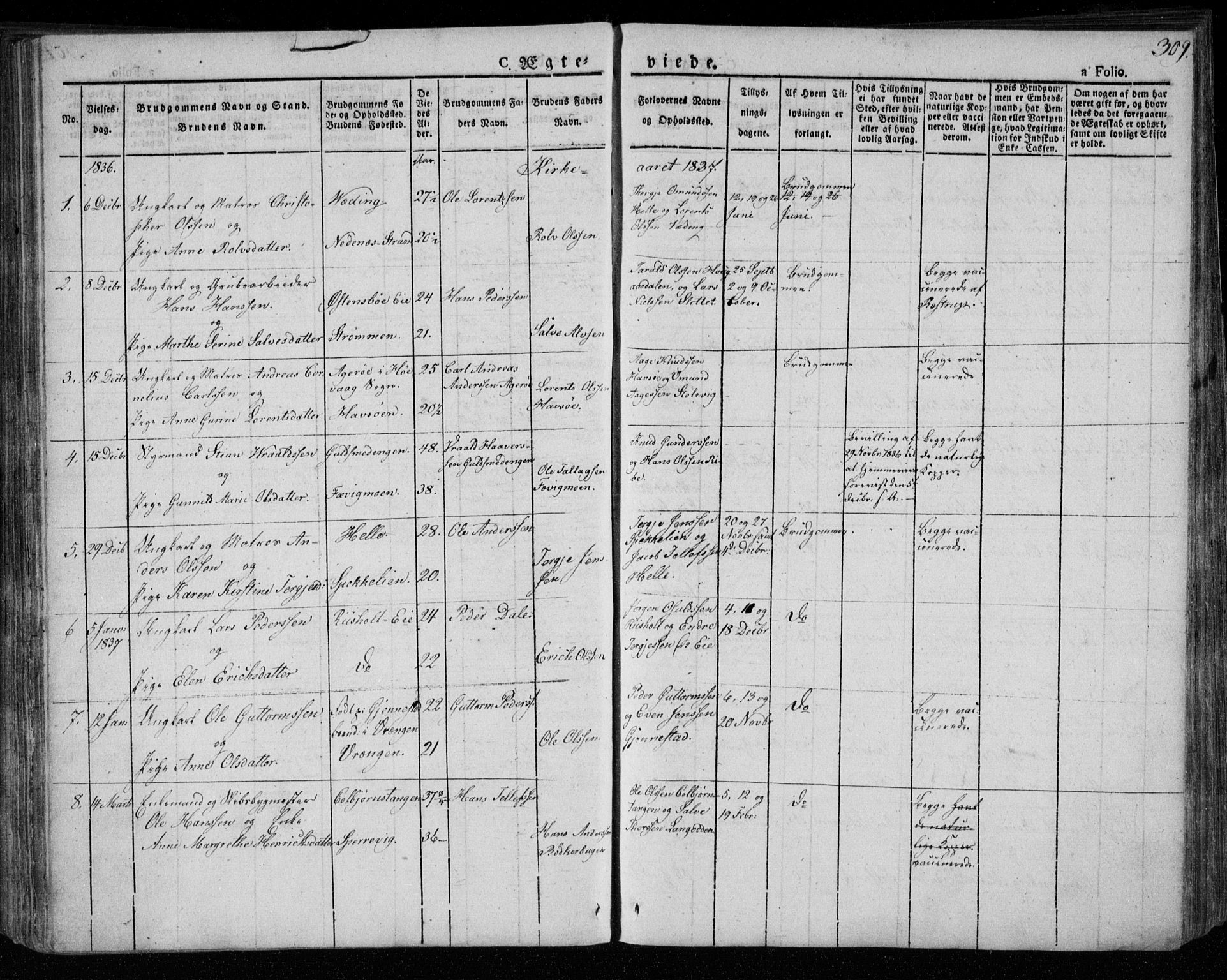 Øyestad sokneprestkontor, SAK/1111-0049/F/Fa/L0013: Parish register (official) no. A 13, 1827-1842, p. 309