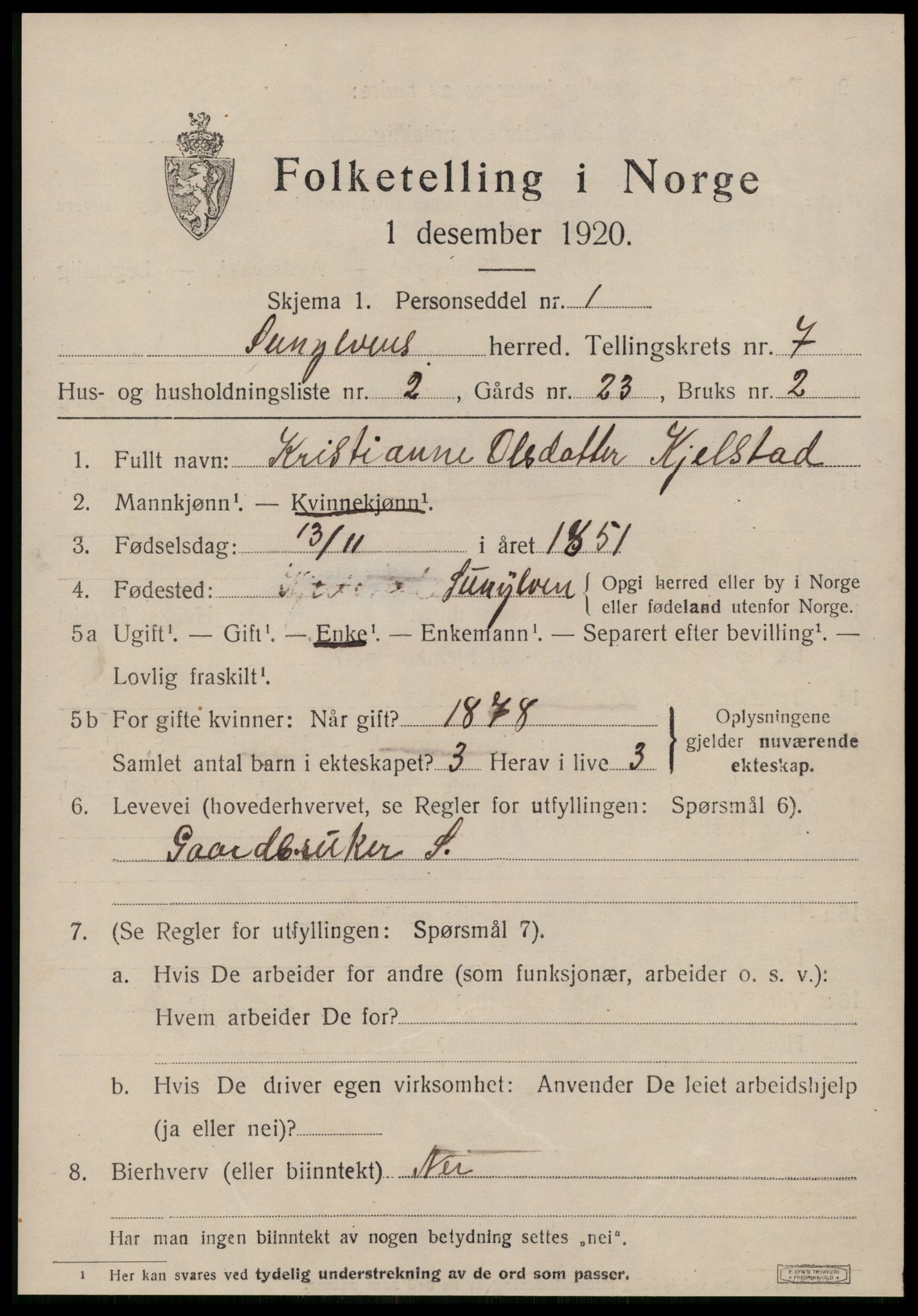 SAT, 1920 census for Sunnylven, 1920, p. 2544