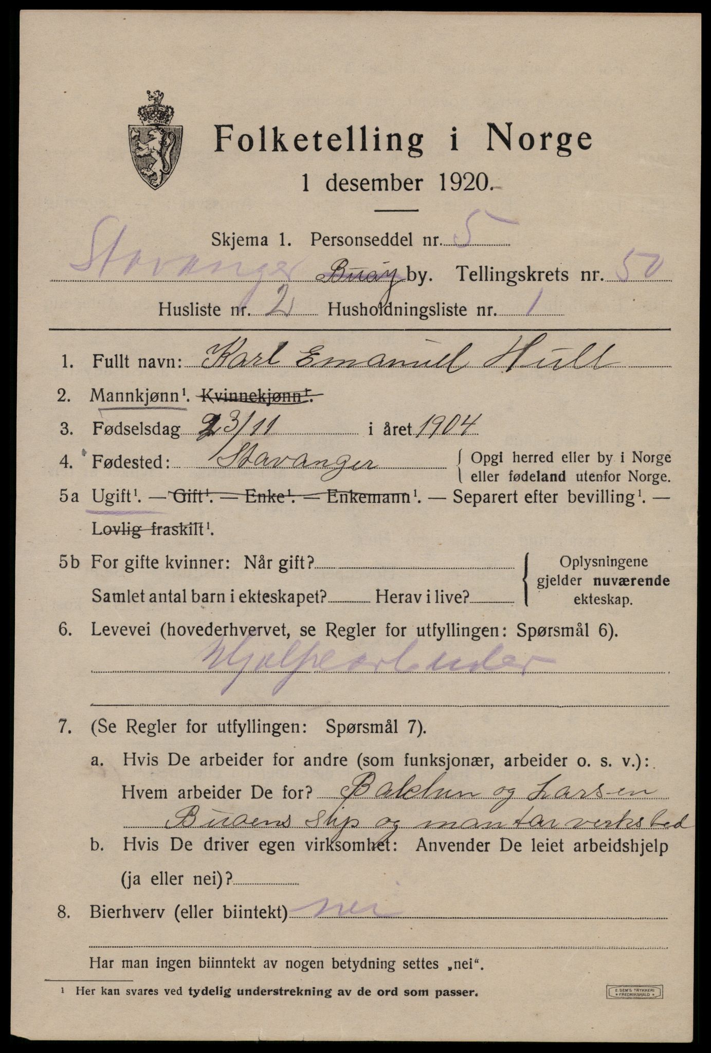 SAST, 1920 census for Stavanger, 1920, p. 119886