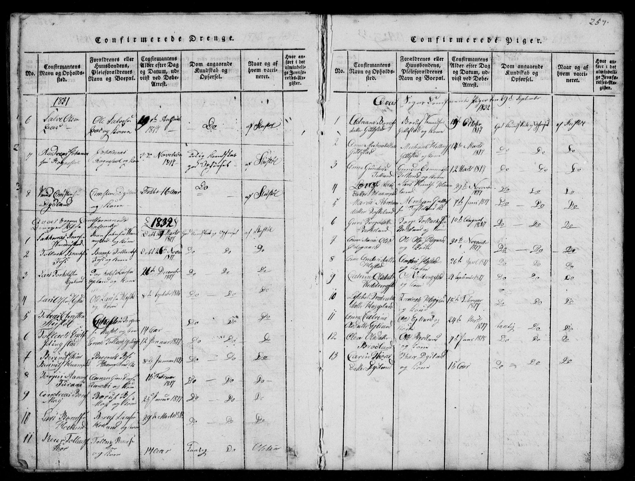 Lyngdal sokneprestkontor, AV/SAK-1111-0029/F/Fb/Fbb/L0001: Parish register (copy) no. B 1, 1816-1900, p. 257