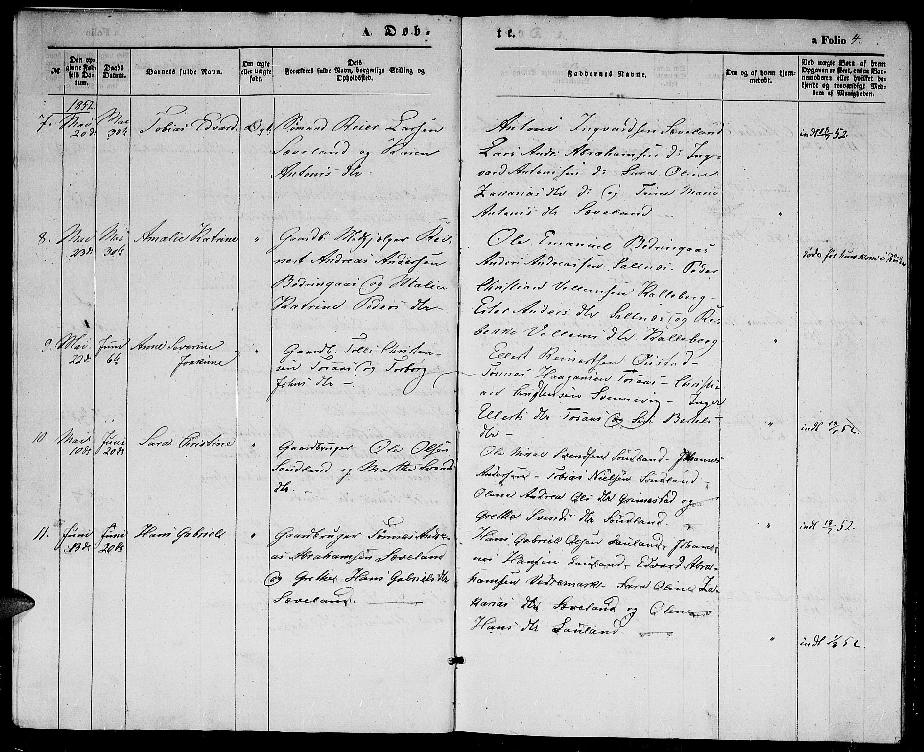 Herad sokneprestkontor, SAK/1111-0018/F/Fb/Fba/L0002: Parish register (copy) no. B 2, 1852-1862, p. 4