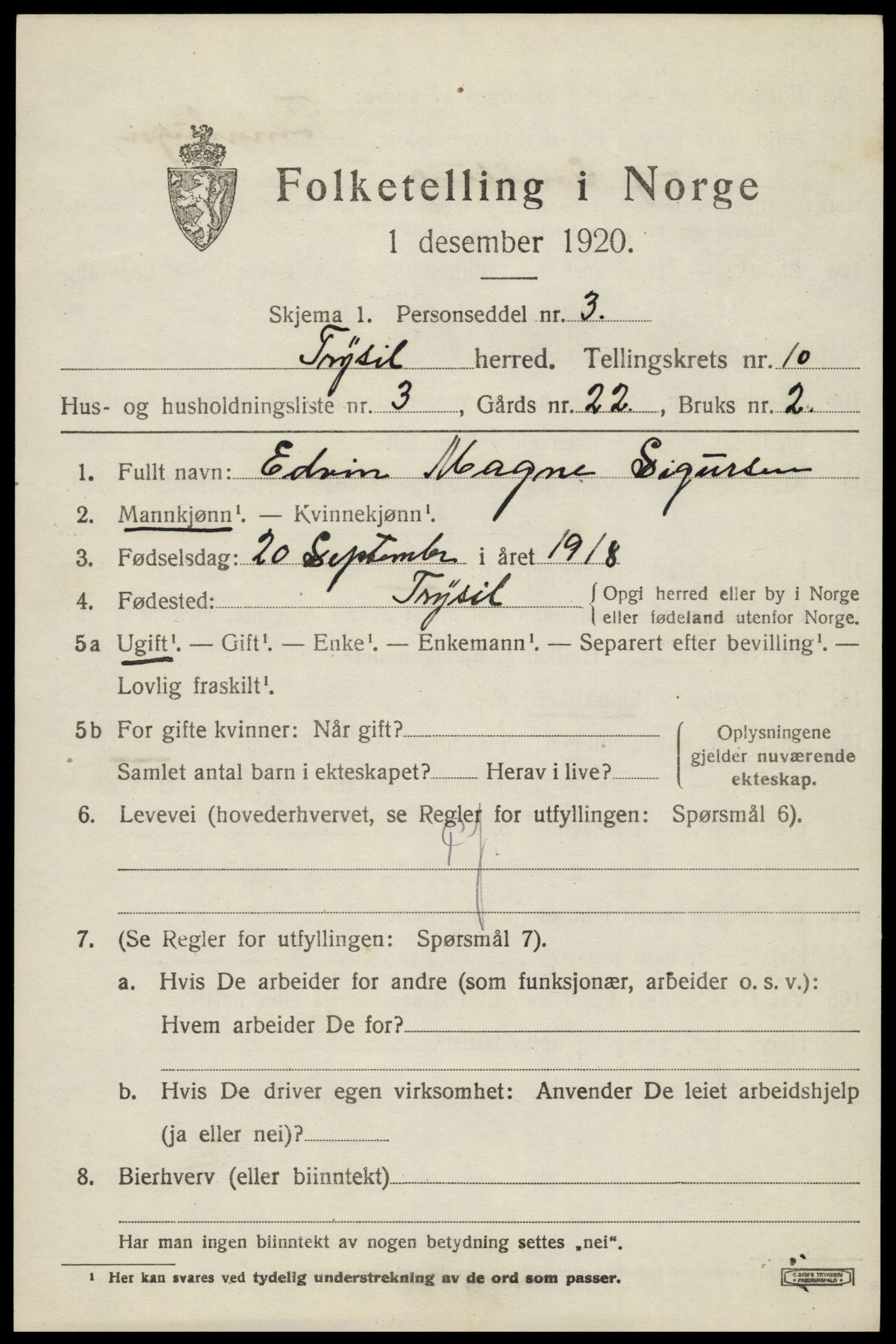 SAH, 1920 census for Trysil, 1920, p. 6885