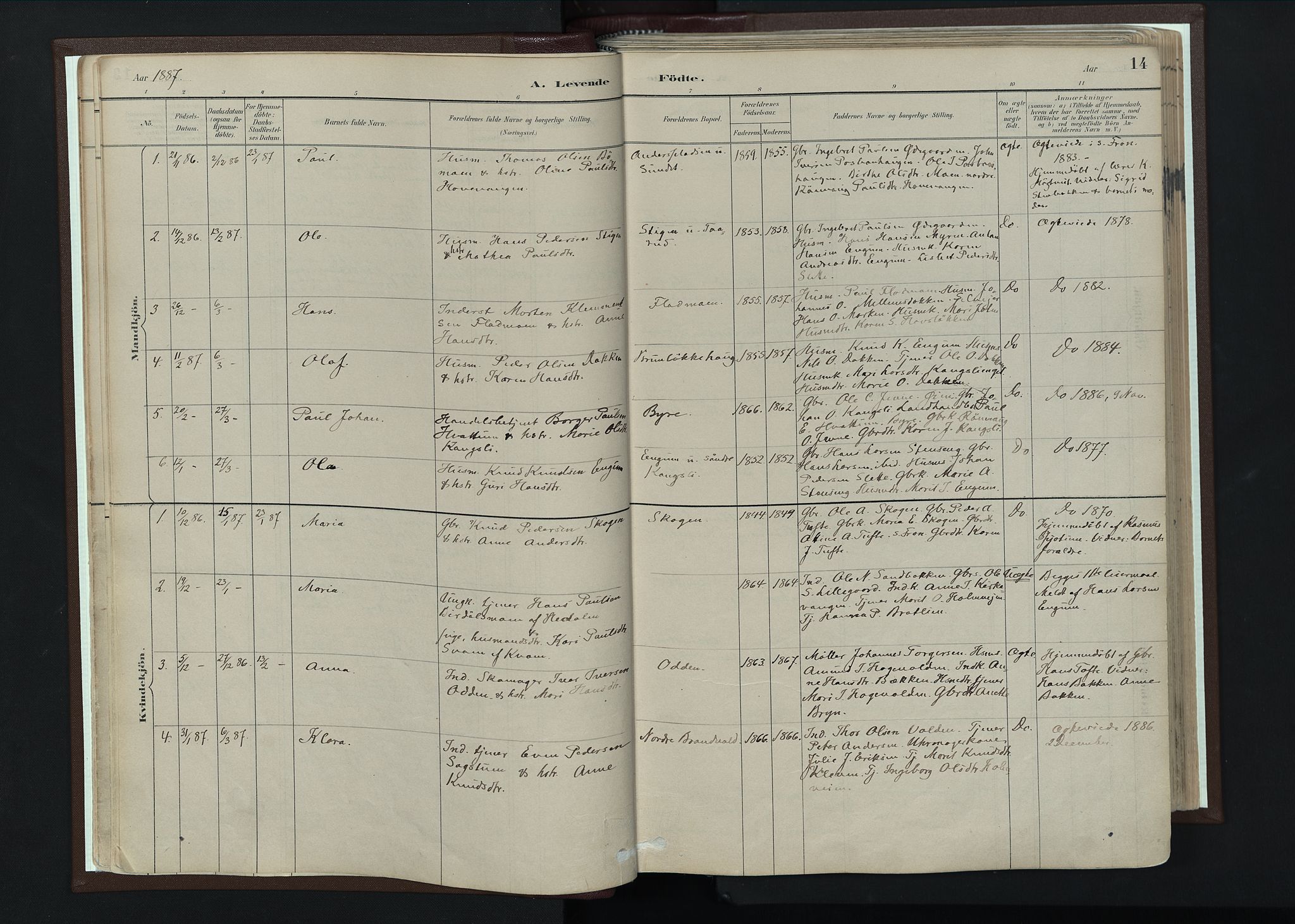 Nord-Fron prestekontor, AV/SAH-PREST-080/H/Ha/Haa/L0004: Parish register (official) no. 4, 1884-1914, p. 14