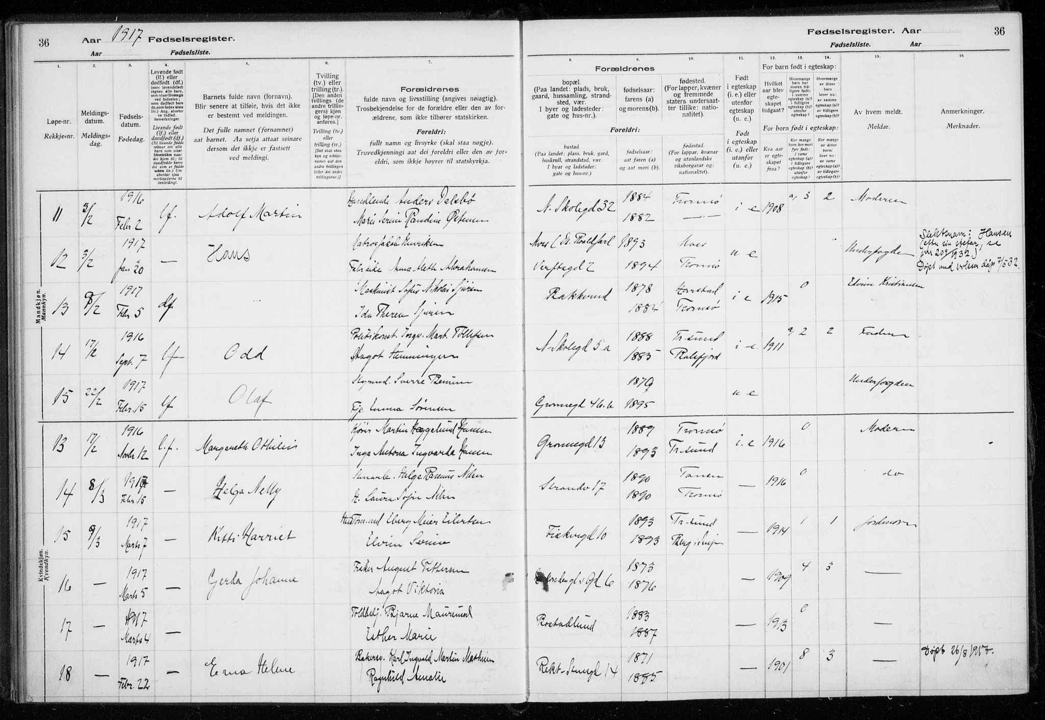 Tromsø sokneprestkontor/stiftsprosti/domprosti, AV/SATØ-S-1343/H/Ha/L0131: Birth register no. 131, 1916-1921, p. 36