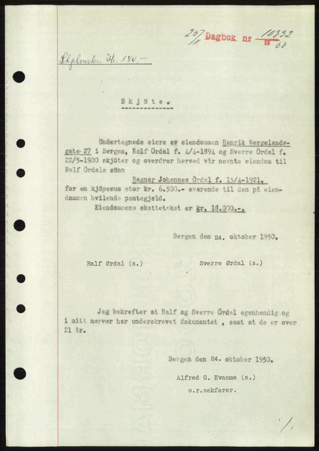 Byfogd og Byskriver i Bergen, AV/SAB-A-3401/03/03Bc/L0034: Mortgage book no. A27-28, 1950-1950, Diary no: : 10332/1950