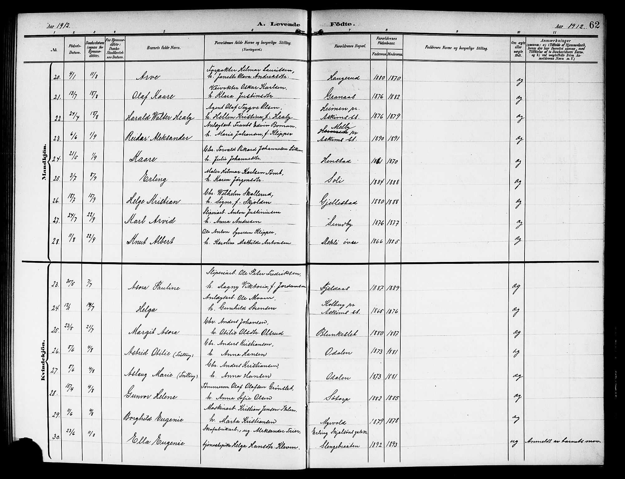 Askim prestekontor Kirkebøker, AV/SAO-A-10900/G/Ga/L0002: Parish register (copy) no. 2, 1903-1921, p. 62