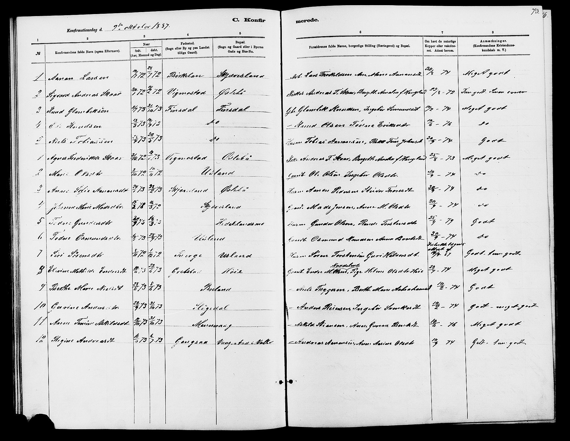 Holum sokneprestkontor, SAK/1111-0022/F/Fb/Fbc/L0003: Parish register (copy) no. B 3, 1882-1908, p. 73