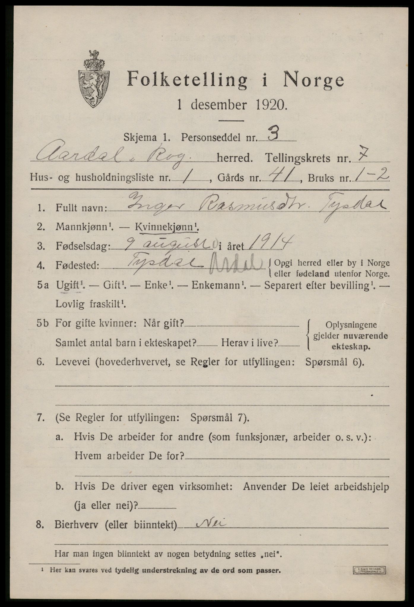 SAST, 1920 census for Årdal, 1920, p. 1970