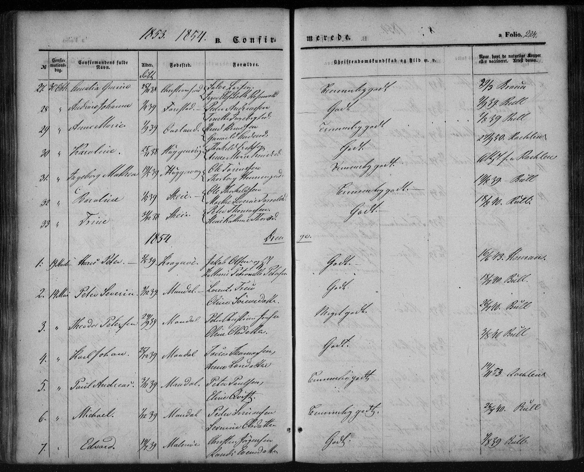 Mandal sokneprestkontor, SAK/1111-0030/F/Fa/Faa/L0013: Parish register (official) no. A 13, 1847-1859, p. 224