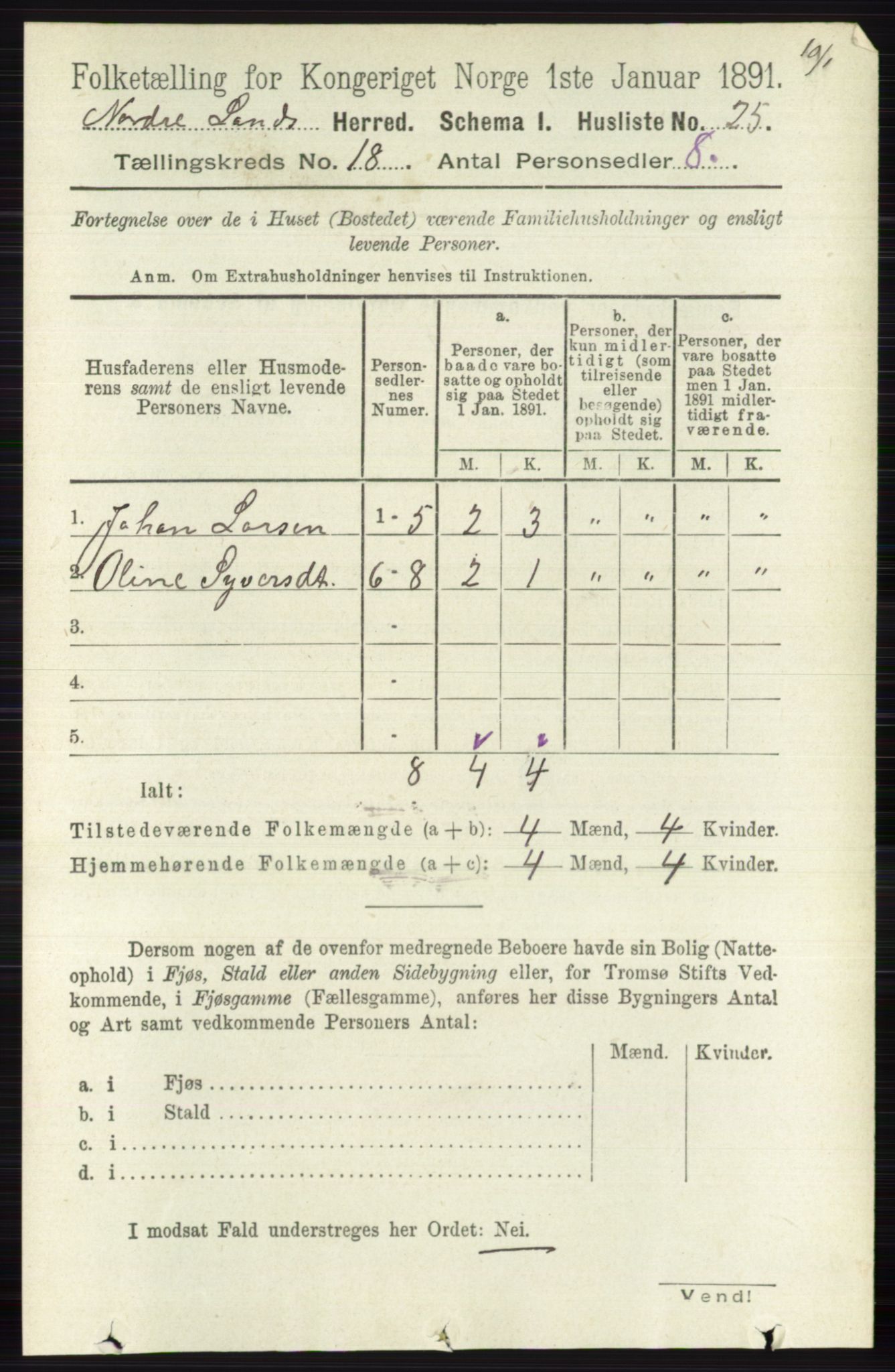 RA, 1891 census for 0538 Nordre Land, 1891, p. 4378