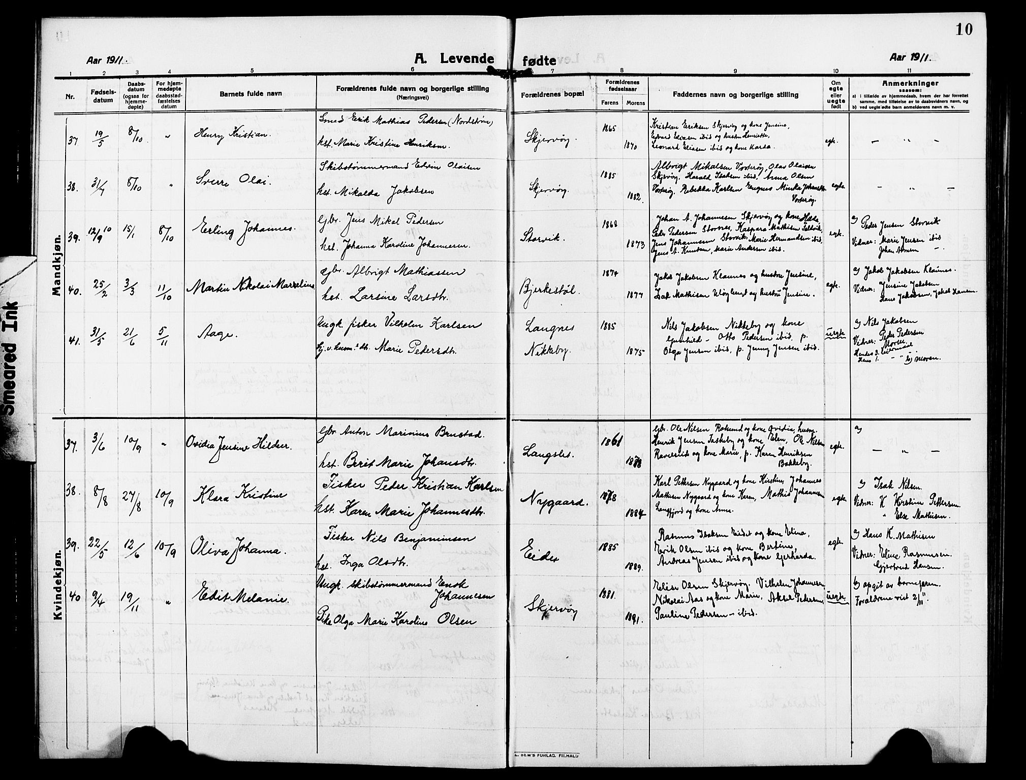 Skjervøy sokneprestkontor, AV/SATØ-S-1300/H/Ha/Hab/L0009klokker: Parish register (copy) no. 9, 1911-1926, p. 10