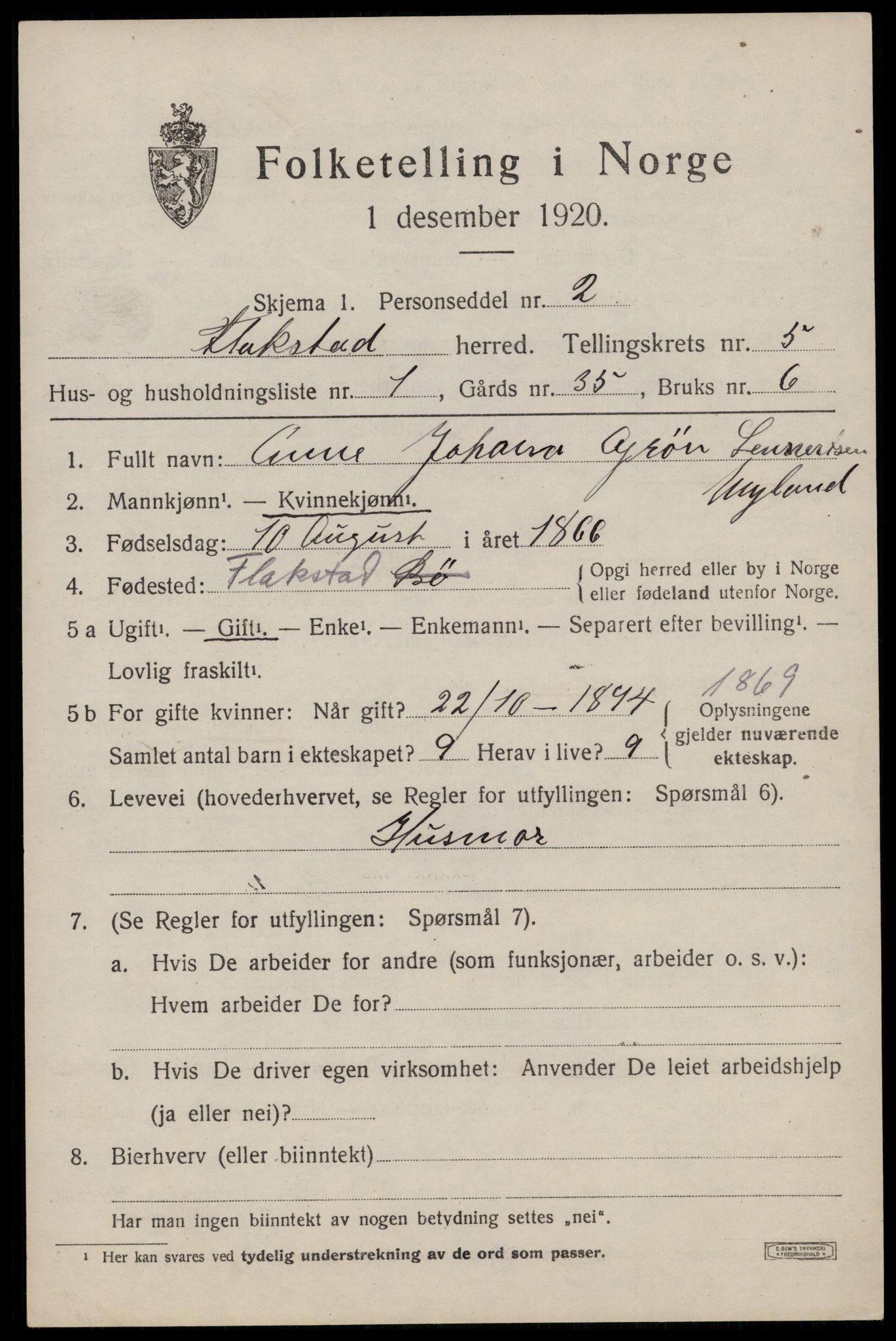 SAT, 1920 census for Flakstad, 1920, p. 3483