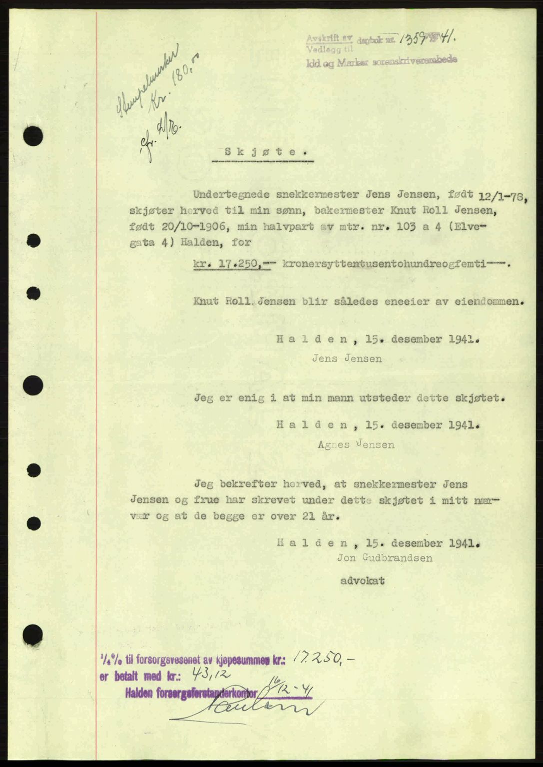 Idd og Marker sorenskriveri, AV/SAO-A-10283/G/Gb/Gbb/L0005: Mortgage book no. A5, 1941-1943, Diary no: : 1359/1941