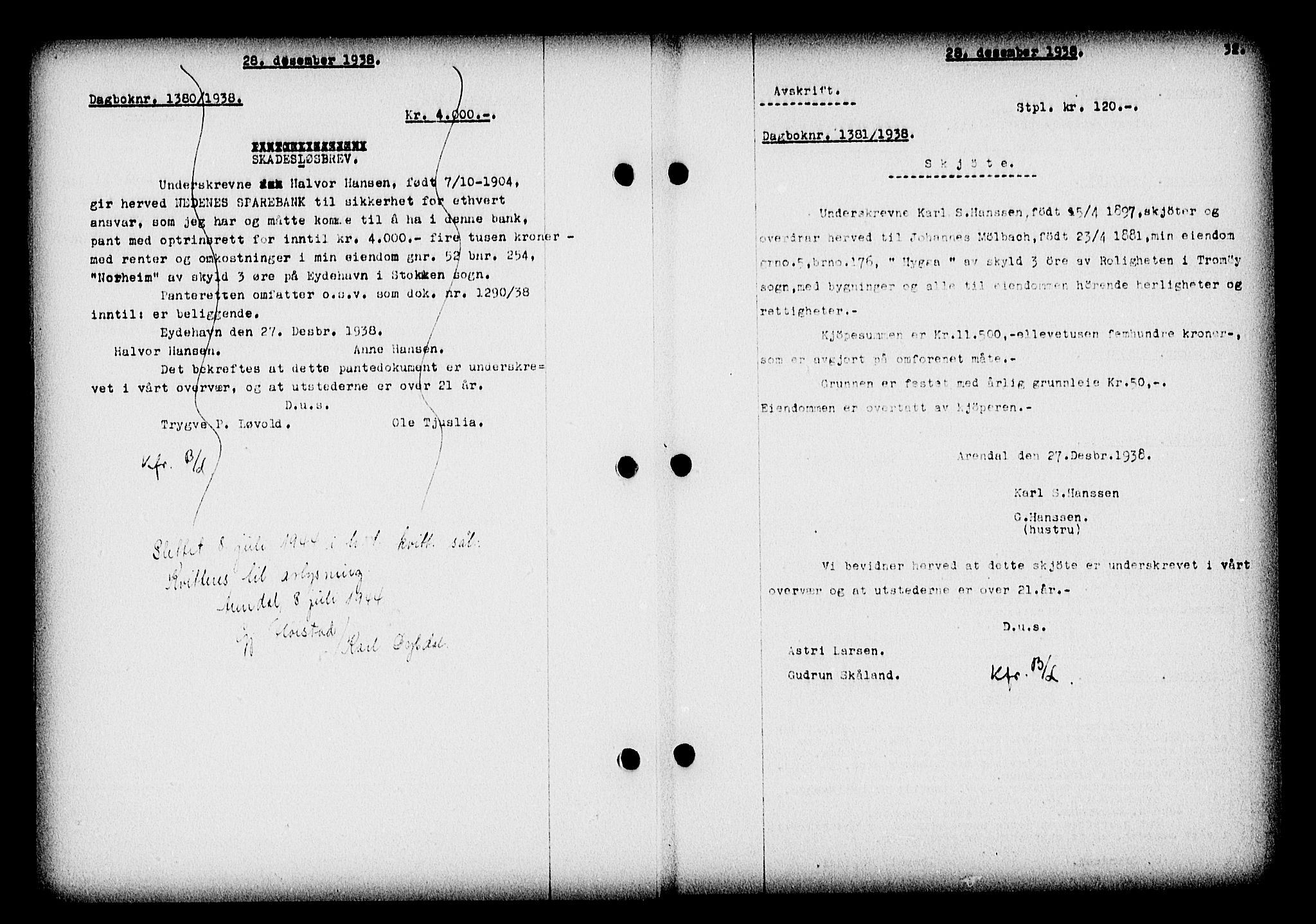 Nedenes sorenskriveri, SAK/1221-0006/G/Gb/Gba/L0046: Mortgage book no. 42, 1938-1939, Diary no: : 1381/1938