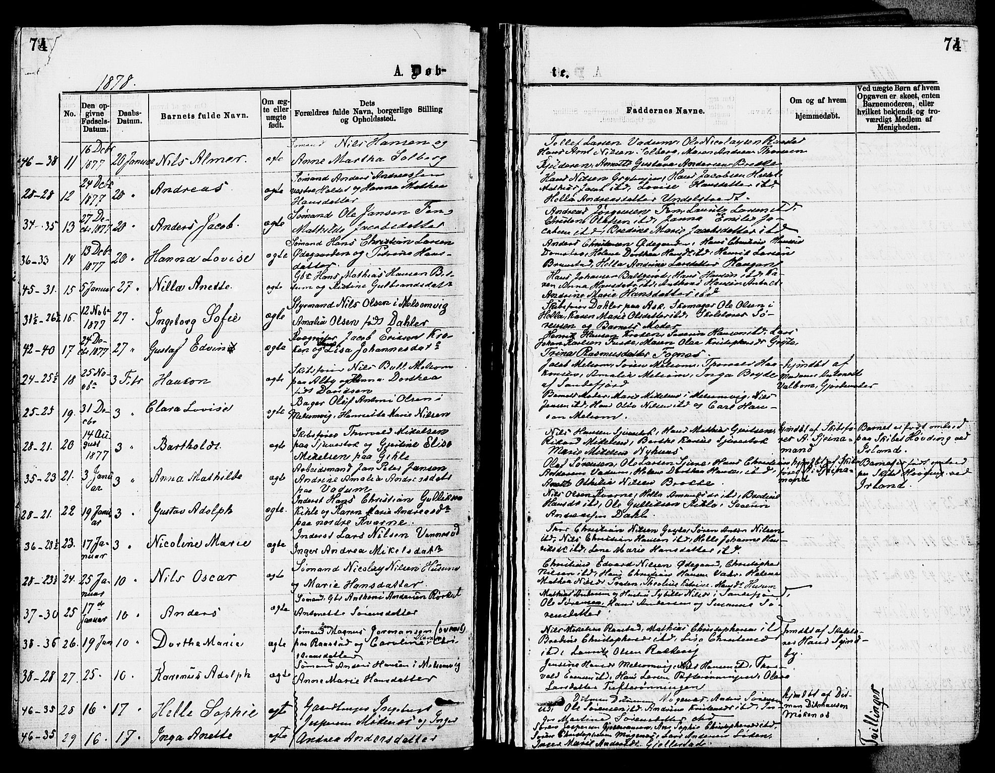 Stokke kirkebøker, AV/SAKO-A-320/F/Fa/L0009: Parish register (official) no. I 9, 1872-1883, p. 74