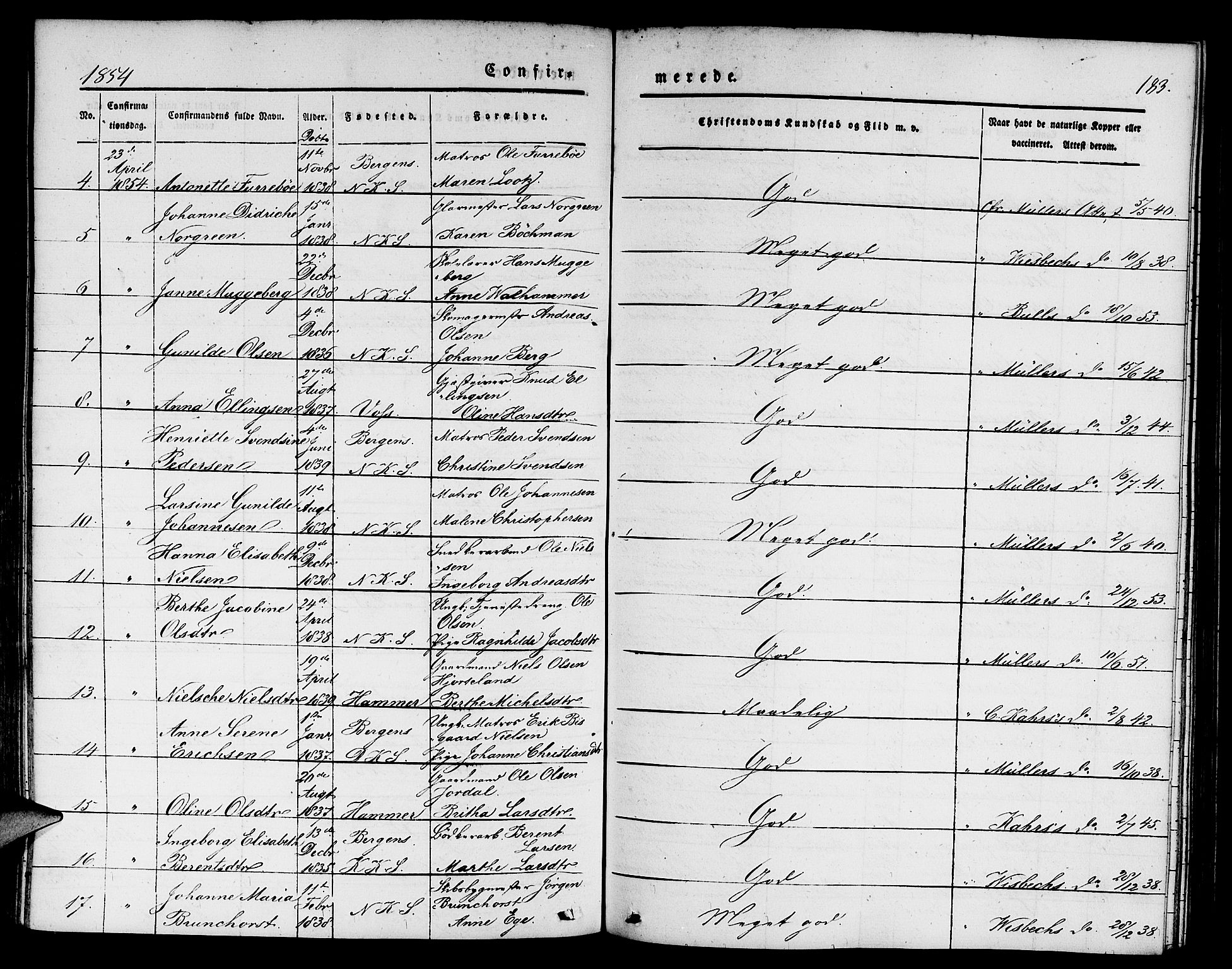 Nykirken Sokneprestembete, SAB/A-77101/H/Hab: Parish register (copy) no. C 1, 1844-1871, p. 183