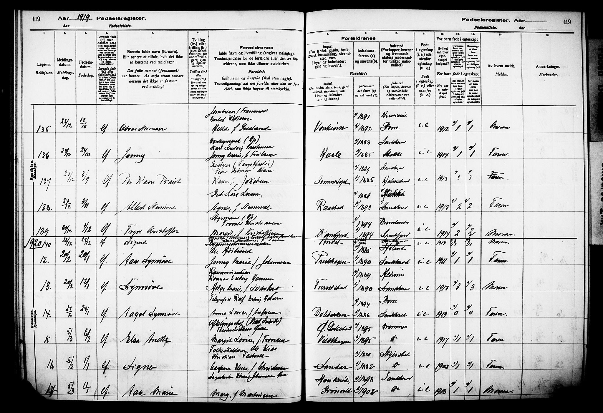 Sandar kirkebøker, AV/SAKO-A-243/J/Ja/L0001: Birth register no. 1, 1916-1922, p. 119