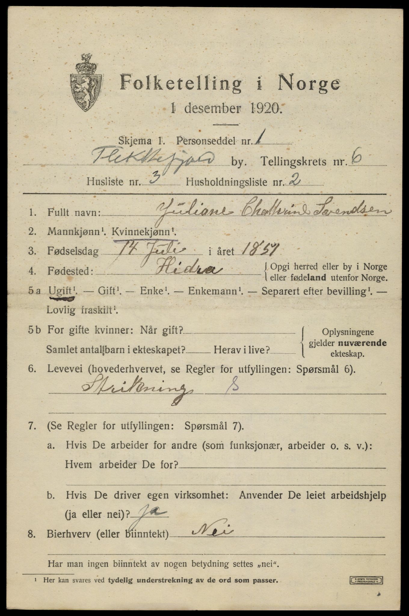 SAK, 1920 census for Flekkefjord, 1920, p. 5778