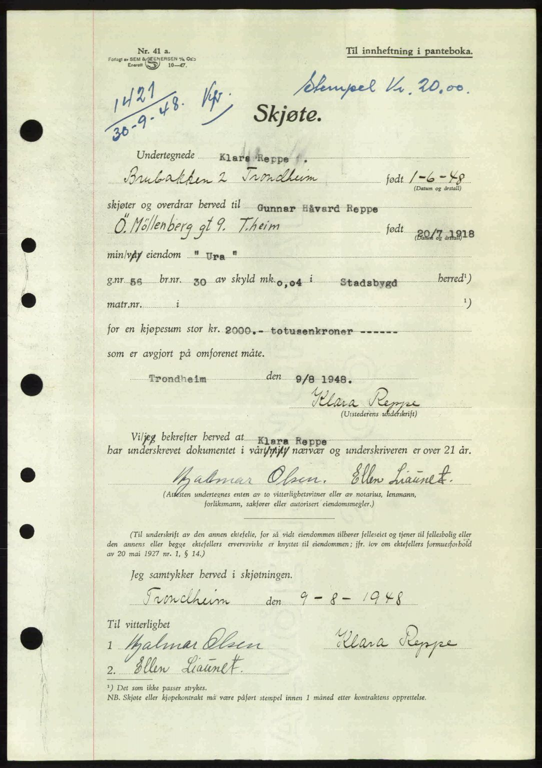 Fosen sorenskriveri, AV/SAT-A-1107/1/2/2C: Mortgage book no. A/B, 1946-1950, Diary no: : 1421/1948