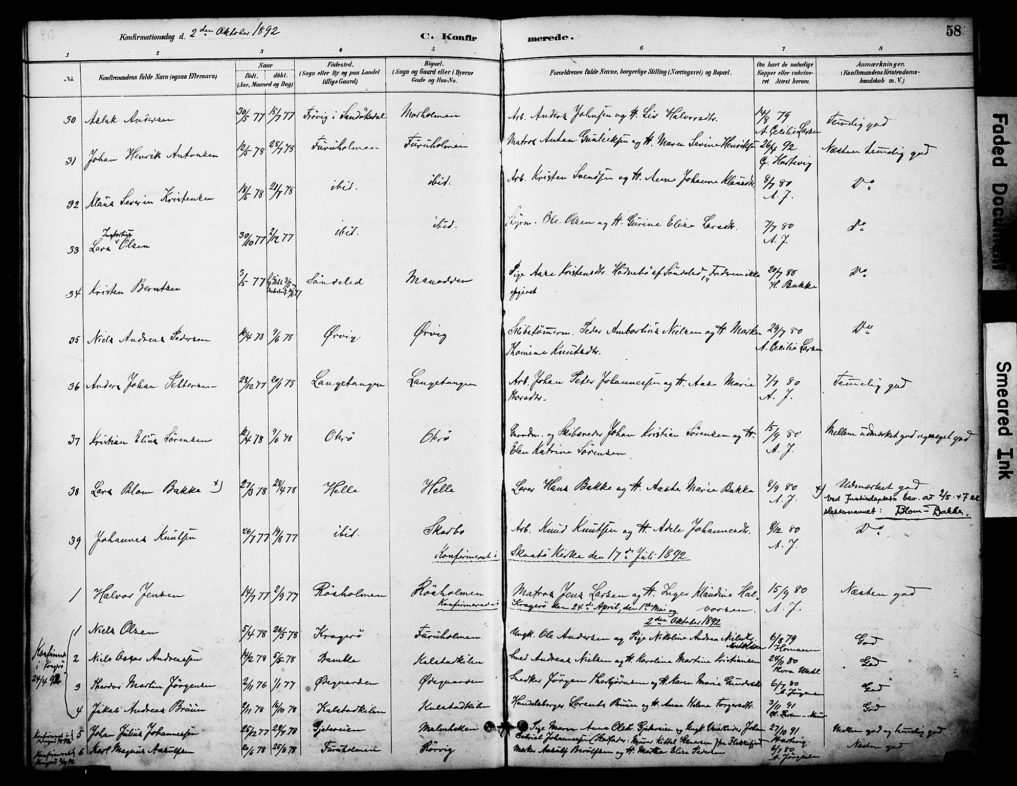 Skåtøy kirkebøker, AV/SAKO-A-304/F/Fa/L0003: Parish register (official) no. I 3, 1884-1899, p. 58