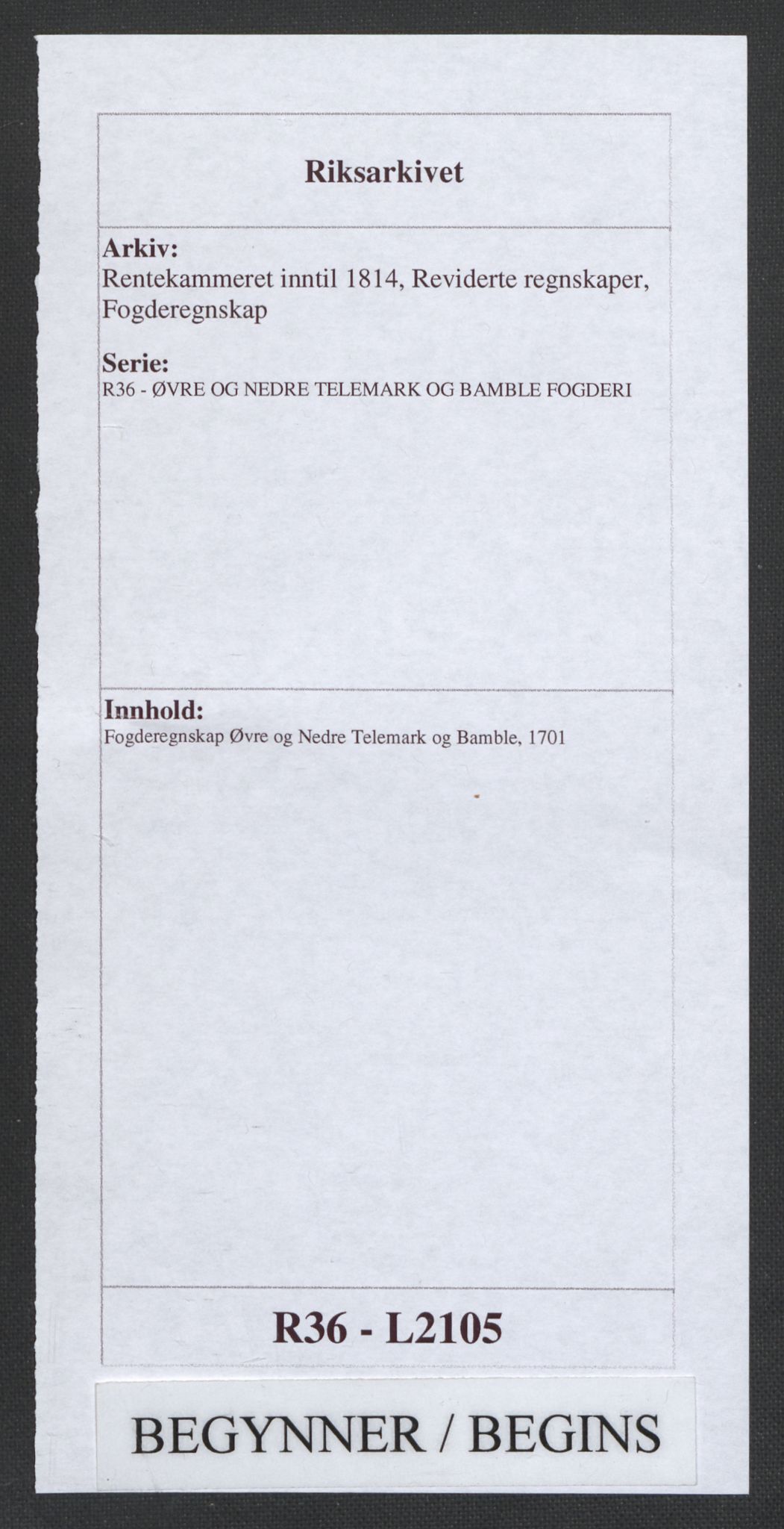 Rentekammeret inntil 1814, Reviderte regnskaper, Fogderegnskap, AV/RA-EA-4092/R36/L2105: Fogderegnskap Øvre og Nedre Telemark og Bamble, 1701, p. 1