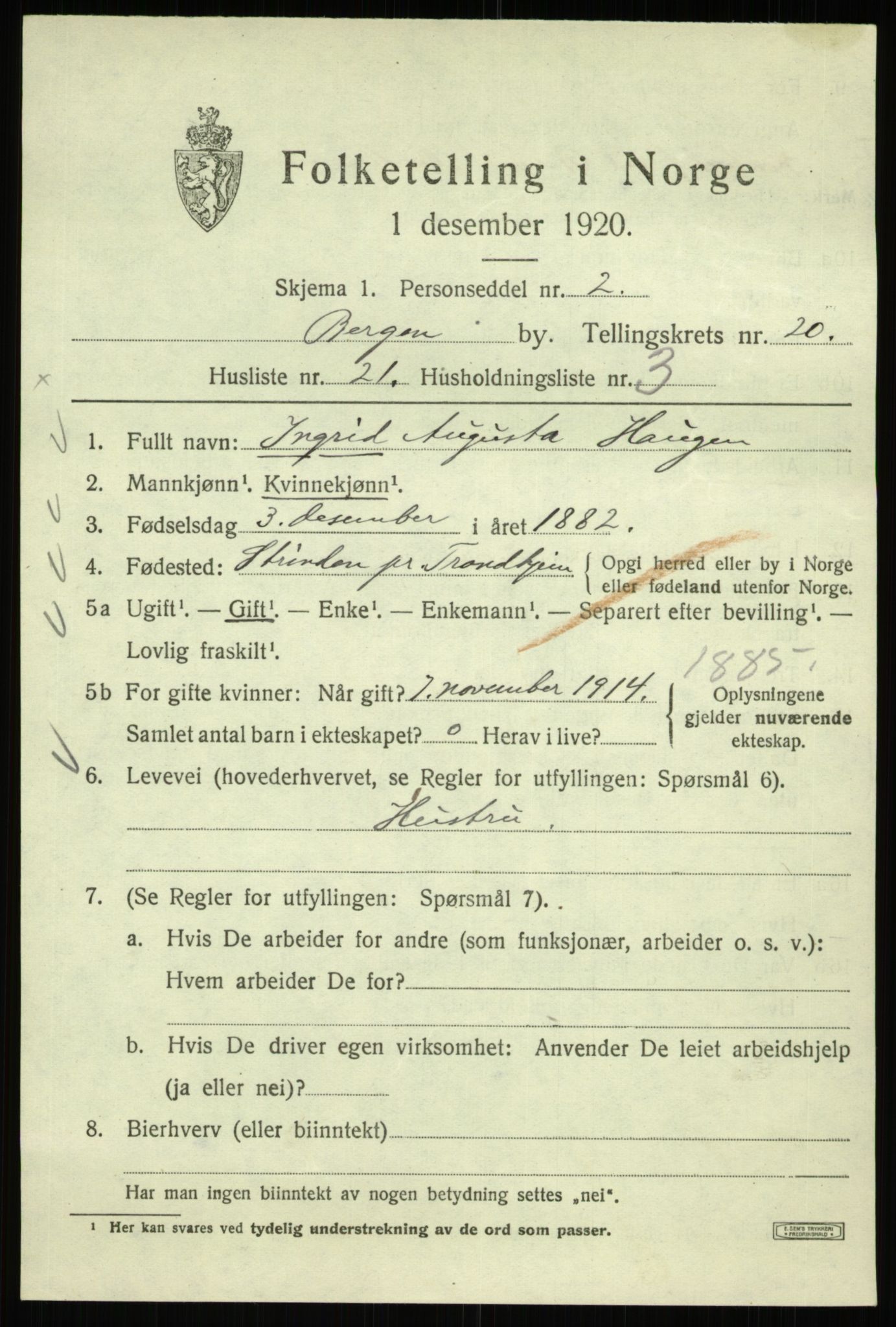 SAB, 1920 census for Bergen, 1920, p. 83786