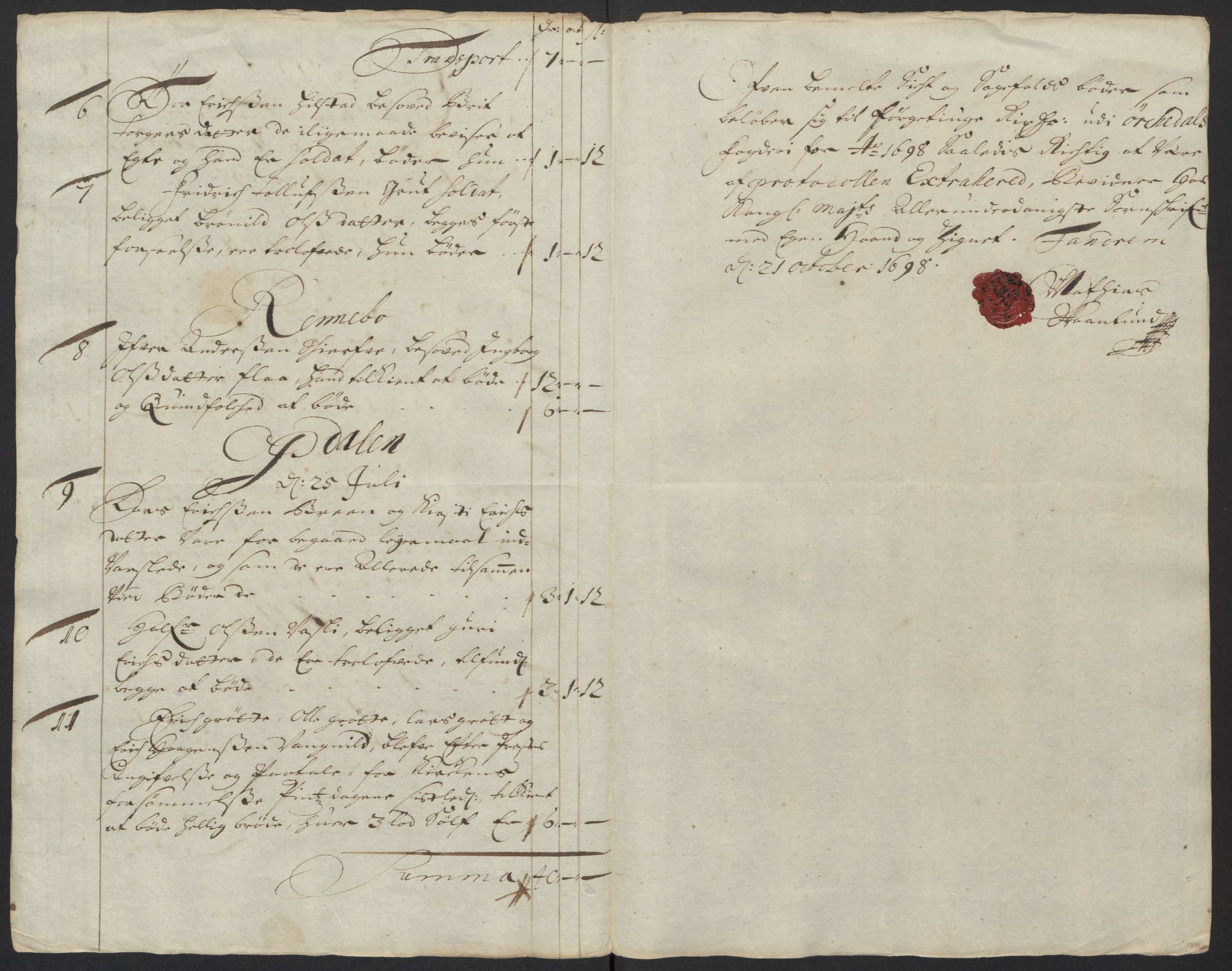 Rentekammeret inntil 1814, Reviderte regnskaper, Fogderegnskap, RA/EA-4092/R60/L3948: Fogderegnskap Orkdal og Gauldal, 1698, p. 201